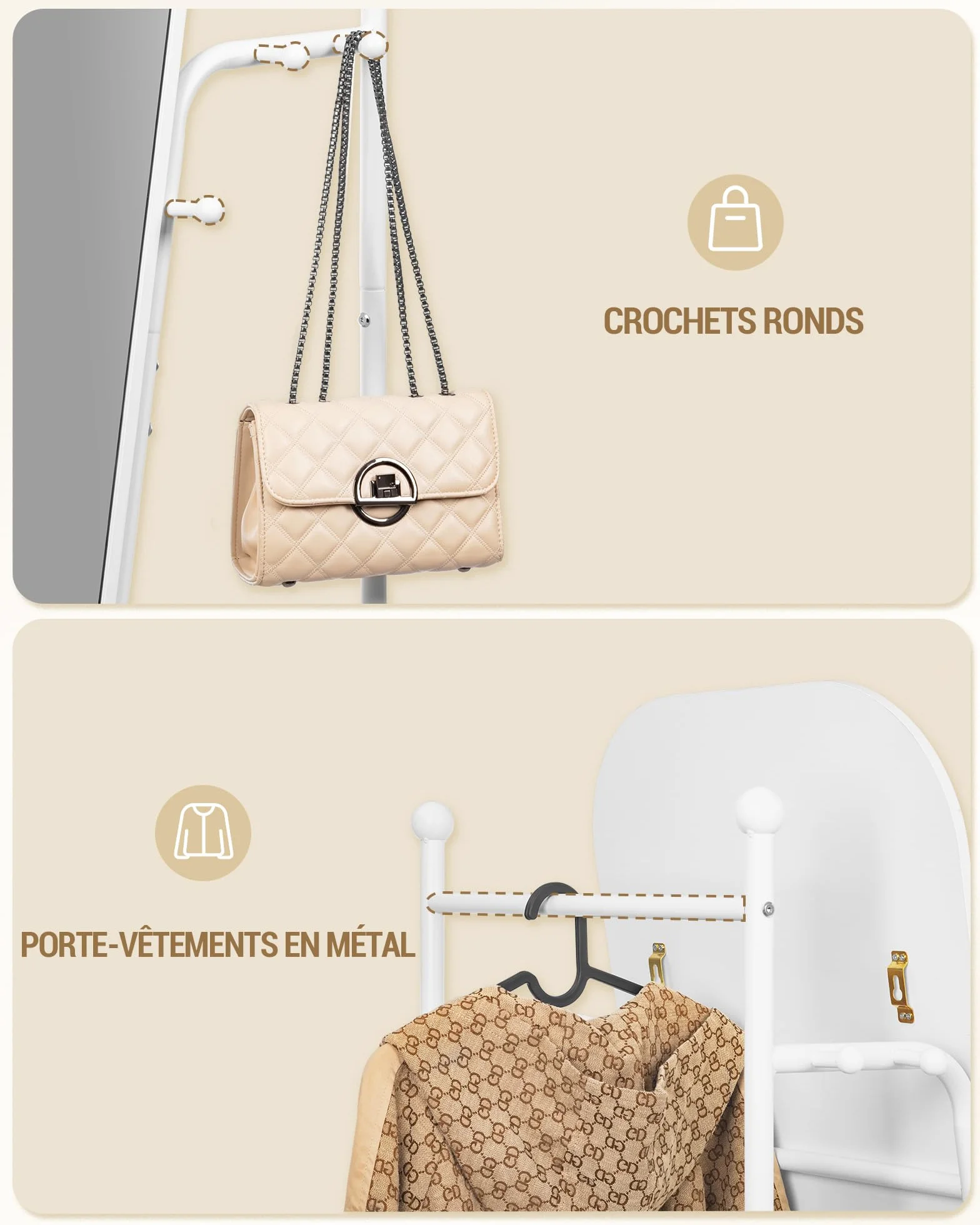 Miroir sur pied avec Porte-Manteau 50x165,8 cm Roues Pivotantes 360° Blanc