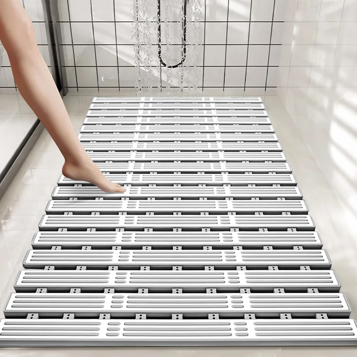 Tapis de Douche Antidérapant 68x40cm PP+TPE Ventouses Résistant Moisissure Découpable Séchage Rapide Drainage Efficace