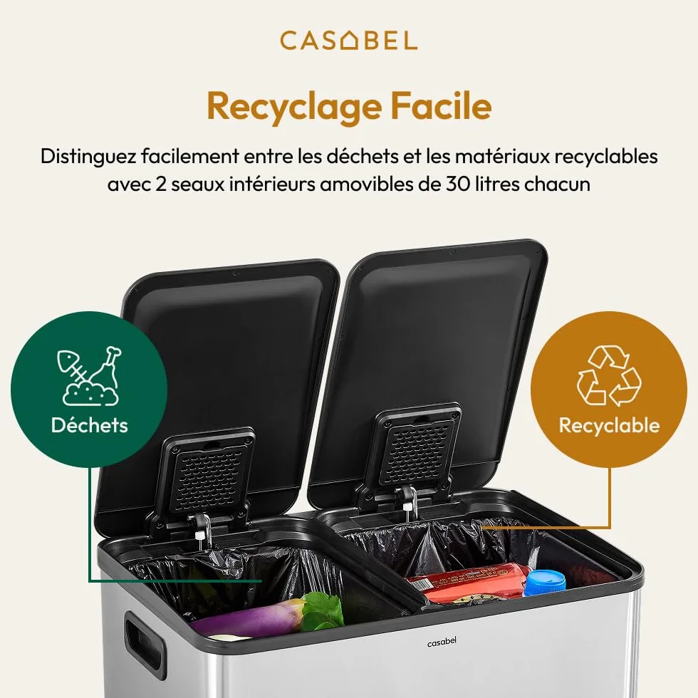 CASABEL Poubelle Cuisine Tri Sélectif 60L Acier INOX Brossé Double Compartiments