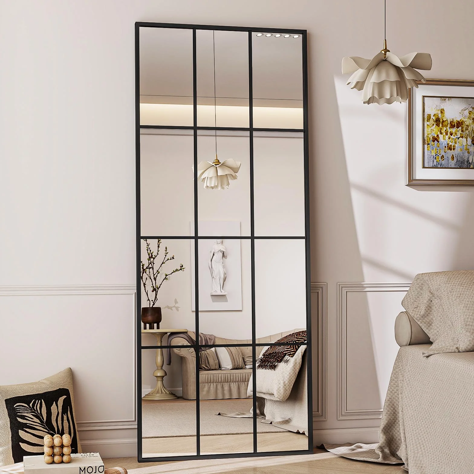 Koonmi Miroir Fenêtre 60 x 165 cm Rectangulaire Grille Décorative Corps Plein Cadre Métal Suspendu Entrée Salon Noir