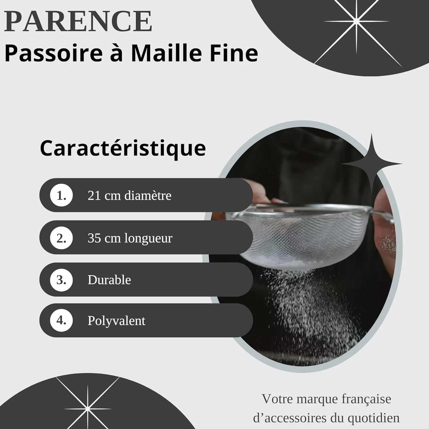 Passoire à Maille Fine Tamis de Cuisine 21cm Diamètre Argenté