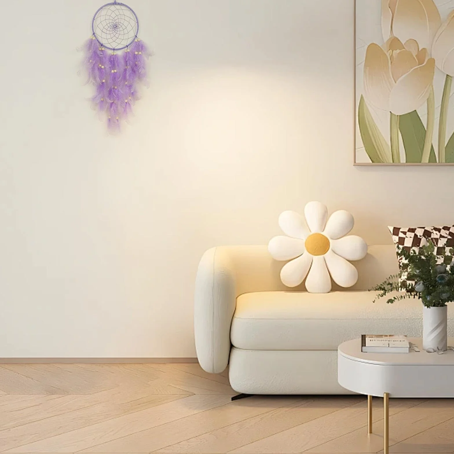 Attrape-rêves en macramé violet avec plumes fait main