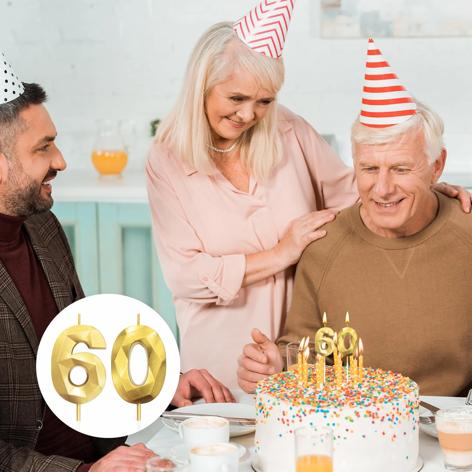 Bougies d'anniversaire 60 ans Doré 3D Décoration Gâteau Fête