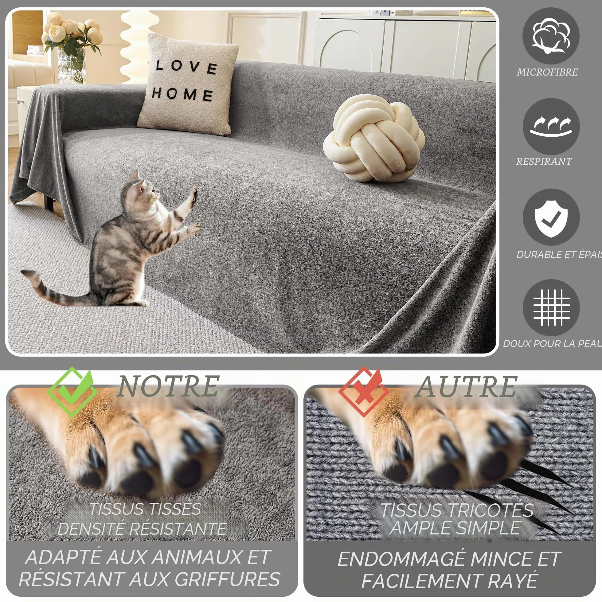 MYSKY HOME Housse de canapé 180 x 300 cm, lavable, antidérapante, anti-rayures, gris
