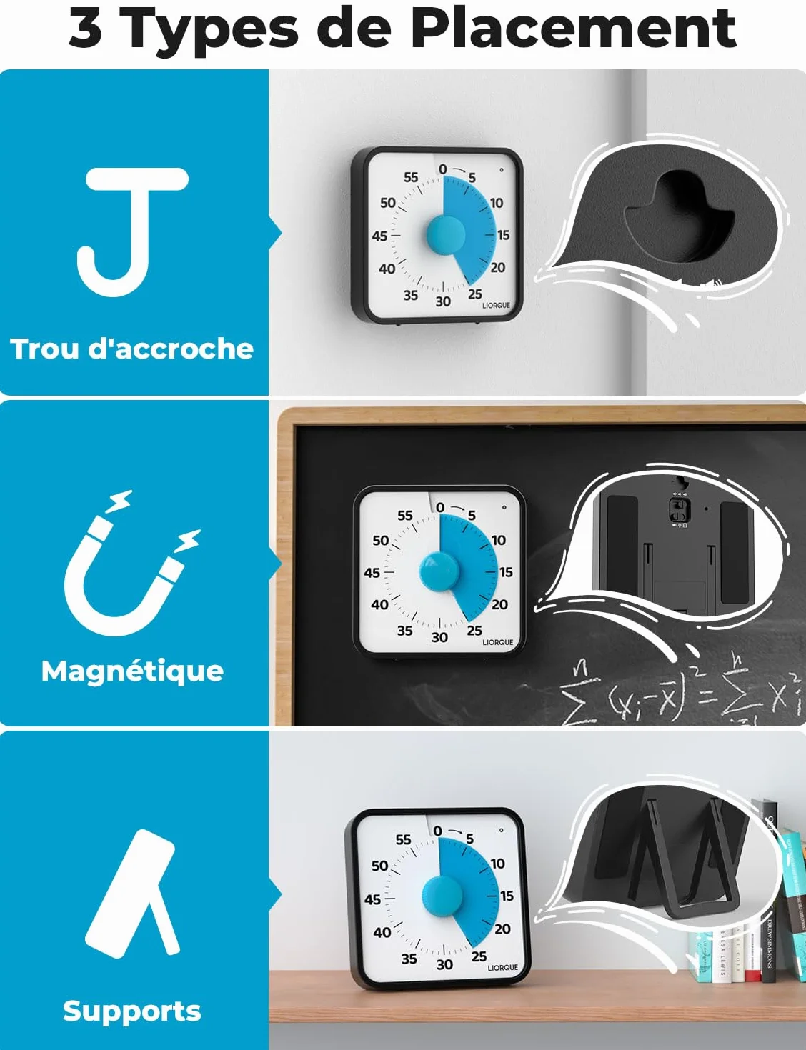 LIORQUE 19cm Grand Minuteur Visuel Timer Classe Aimanté Silencieux 3 Modes Alarme Sonnerie Lumière Vibration