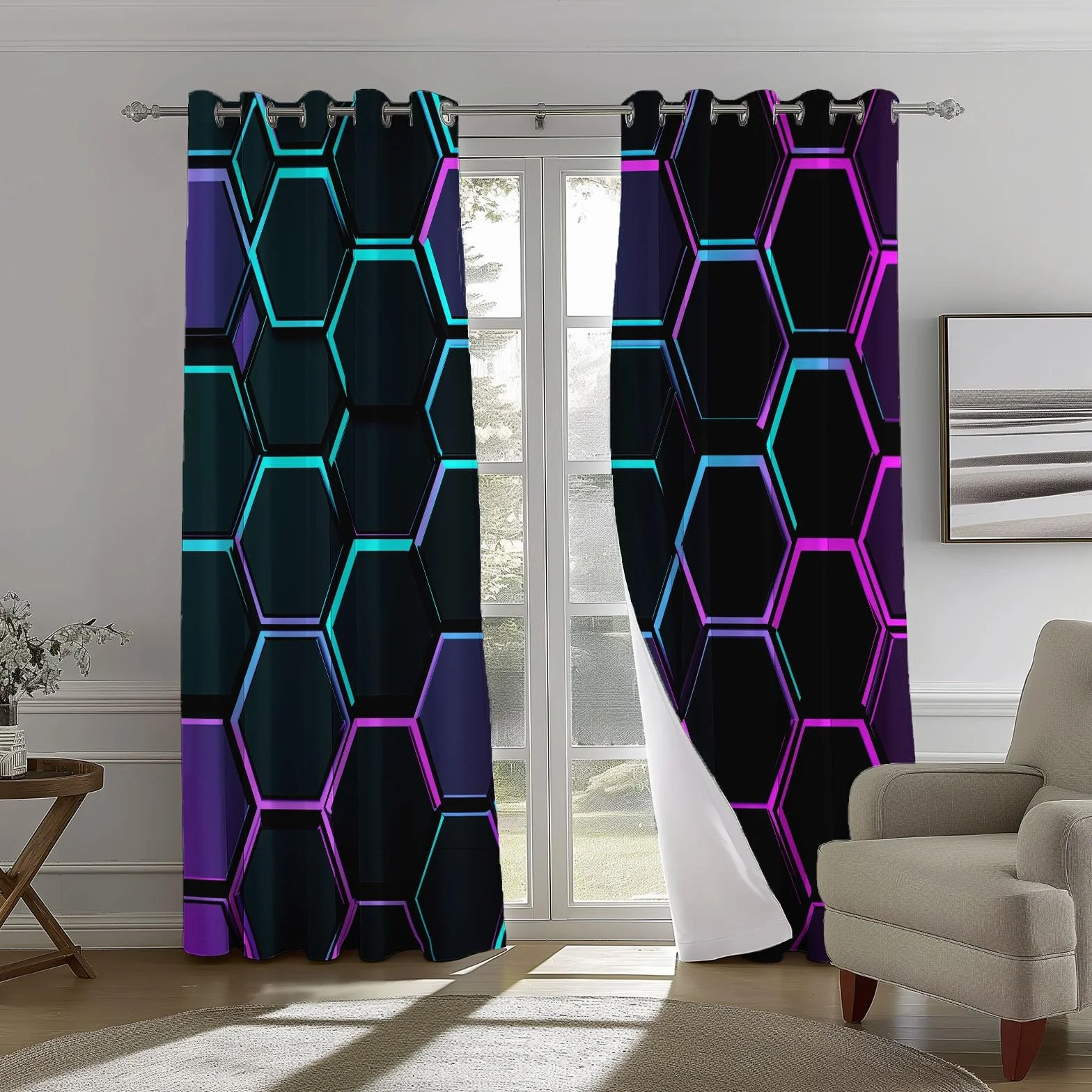 Rideaux Opaques Isolation Thermique 110x215 cm 2 Panneaux Hexagone Géométrique Moderne Noir Violet