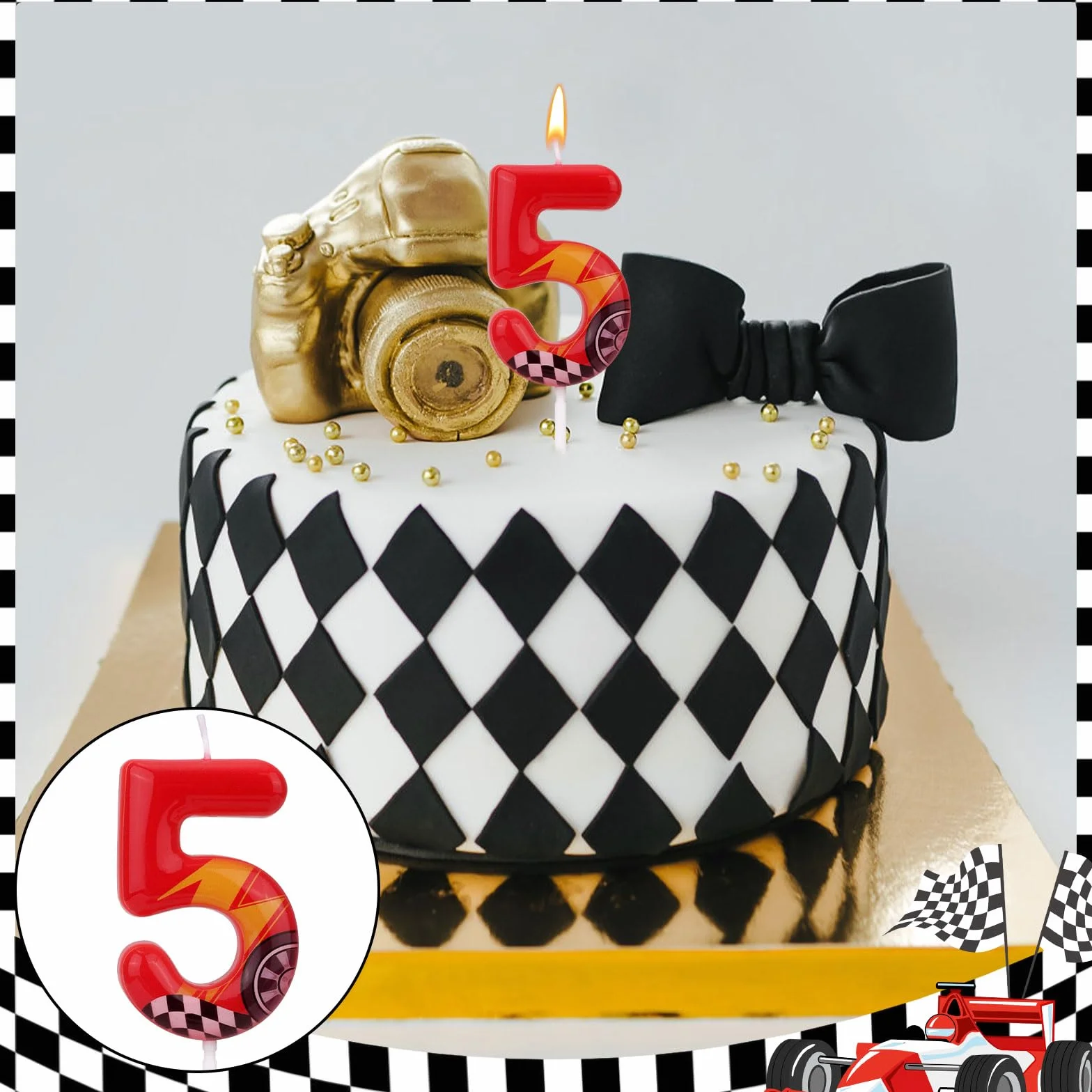 Bougie d'Anniversaire Thème Voitures Course Numéro 5 Rouge Forme Voiture pour Gâteau