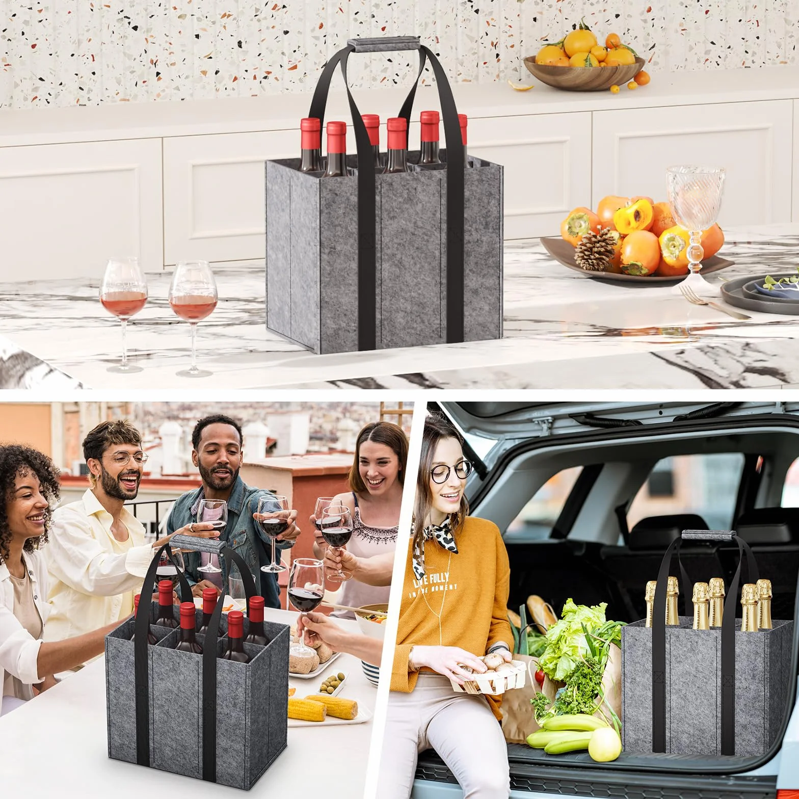 Lifewit Sac Bouteille en Feutre Robuste, Porte Bouteille pour 6 Bouteilles de 1,5 L, 30 x 20 x 26 cm