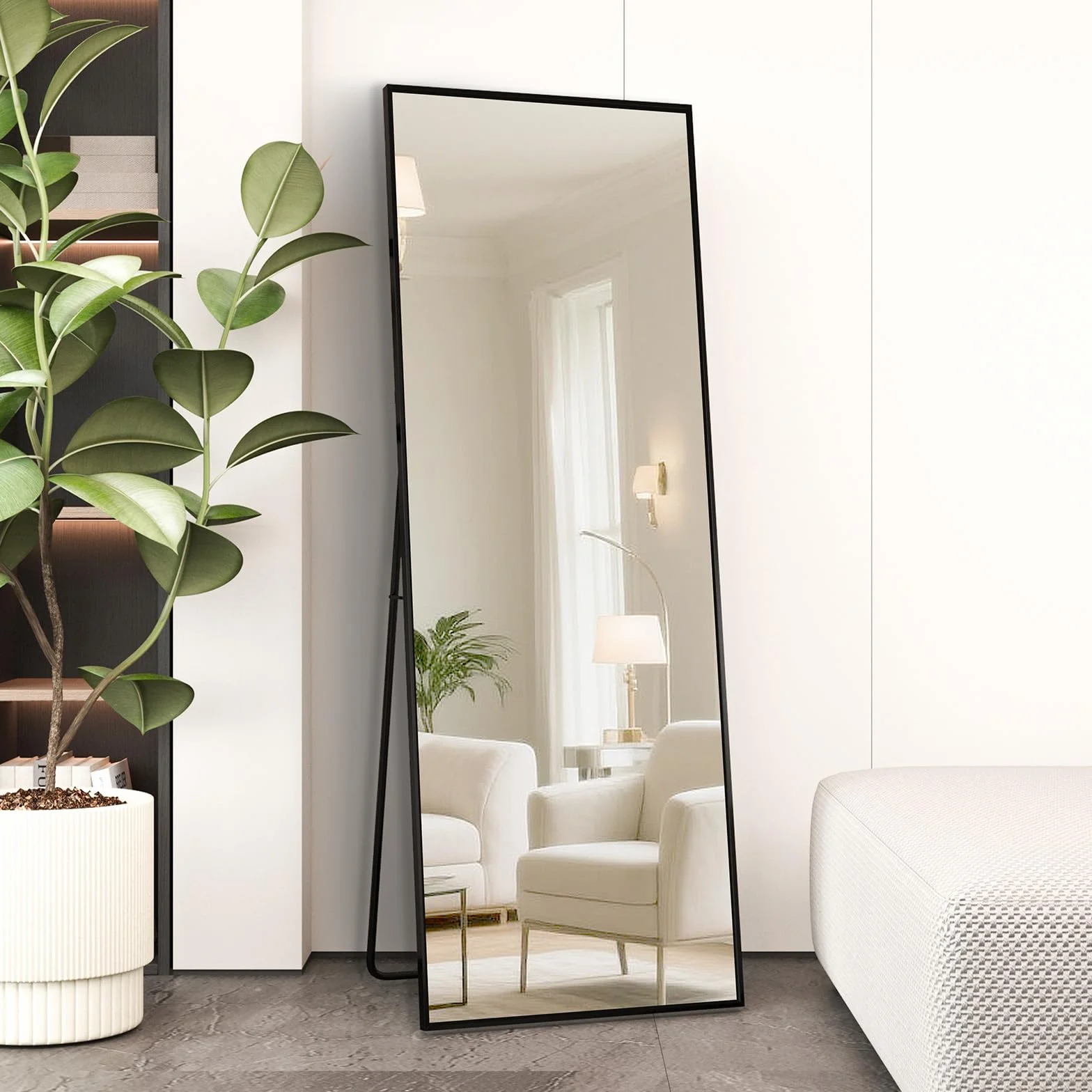 Miroir sur Pied 140x50cm Cadre Métal Noir Grand Miroir Mural HD Crochets Salon Chambre Dressing