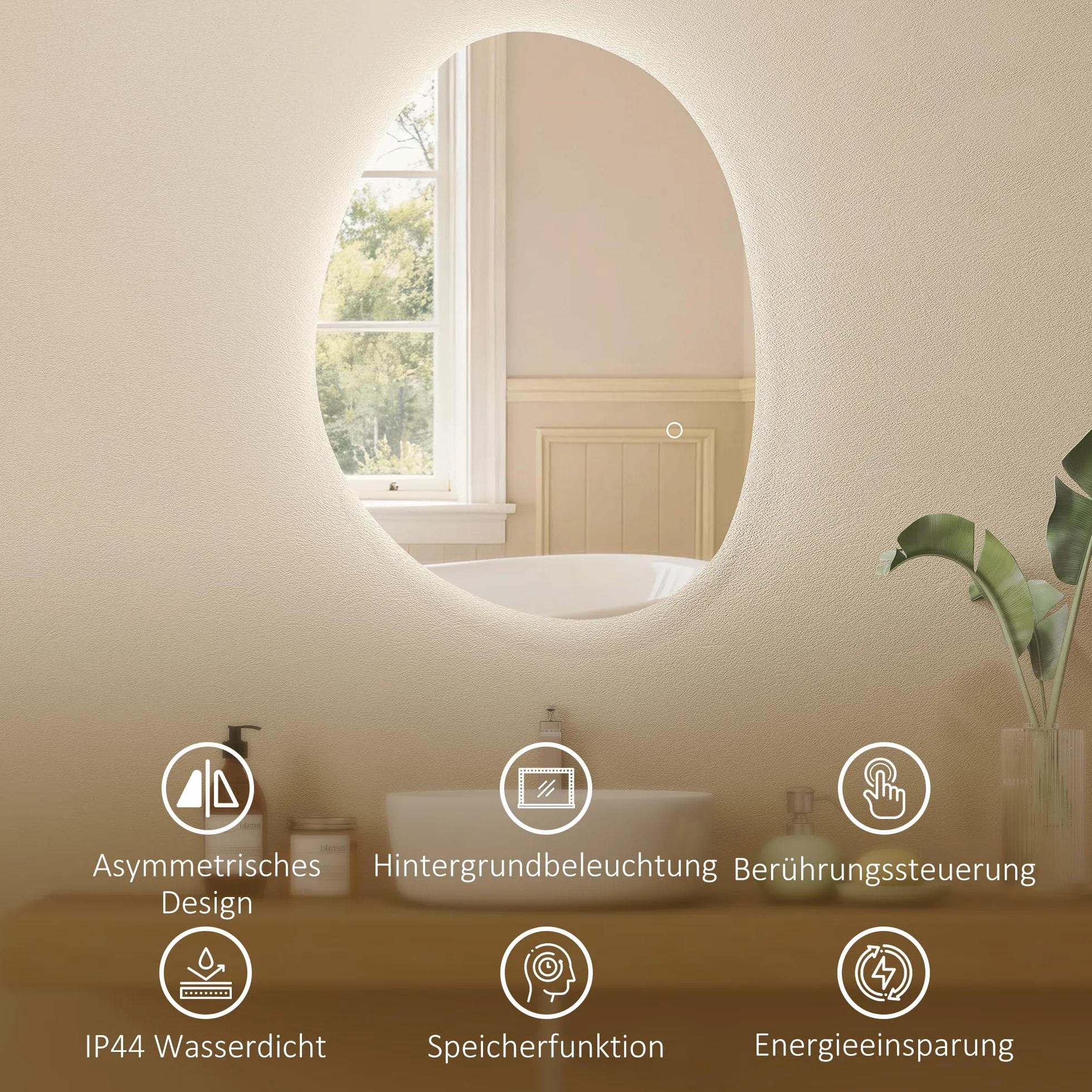 HOMCOM Miroir Salle de Bain LED 70 x 50 cm Mural Asymétrique Anti-buée 3 Couleurs Dimmable IP44 Argenté