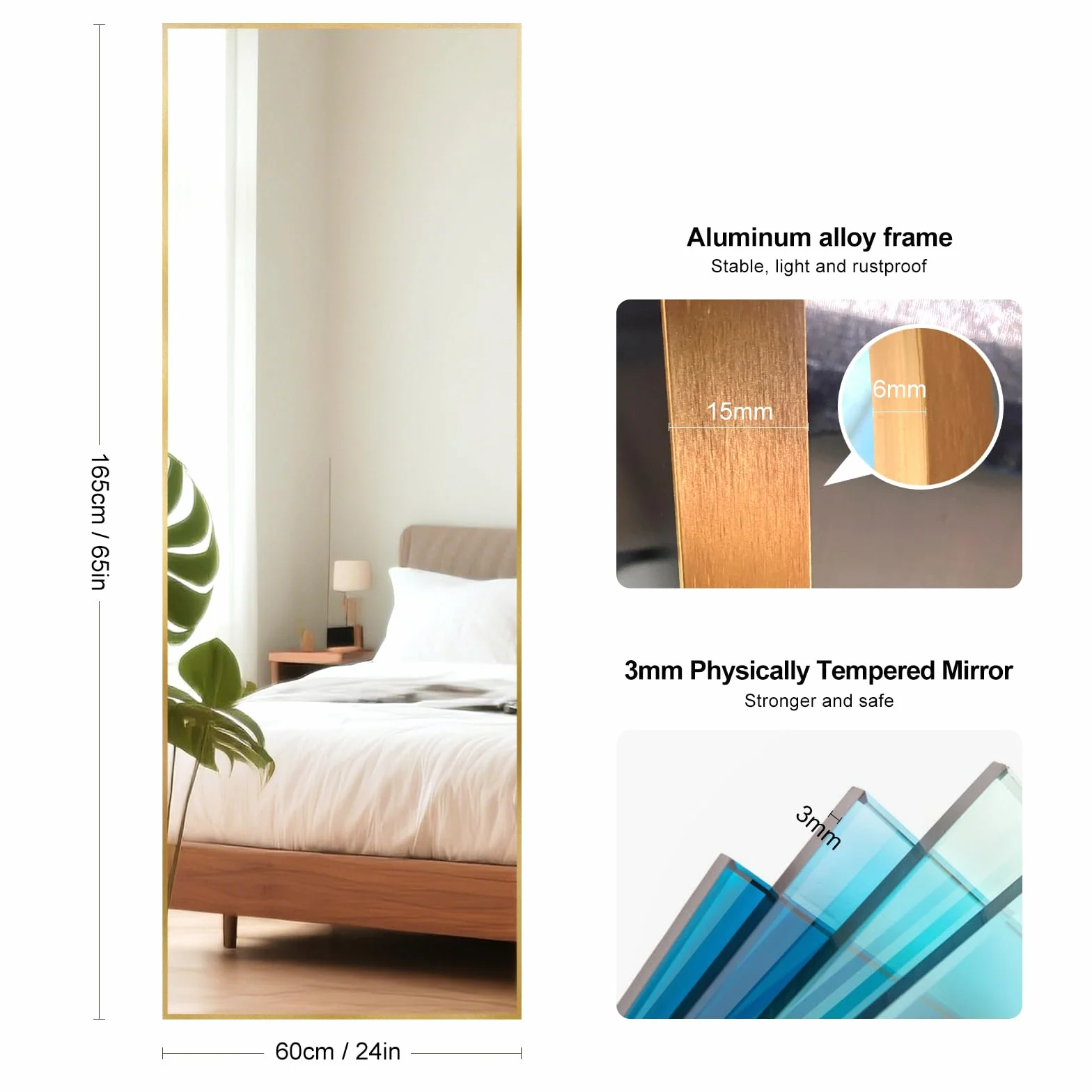 Grand miroir mural 165x60 cm cadre aluminium doré inclinable suspendu sur pied