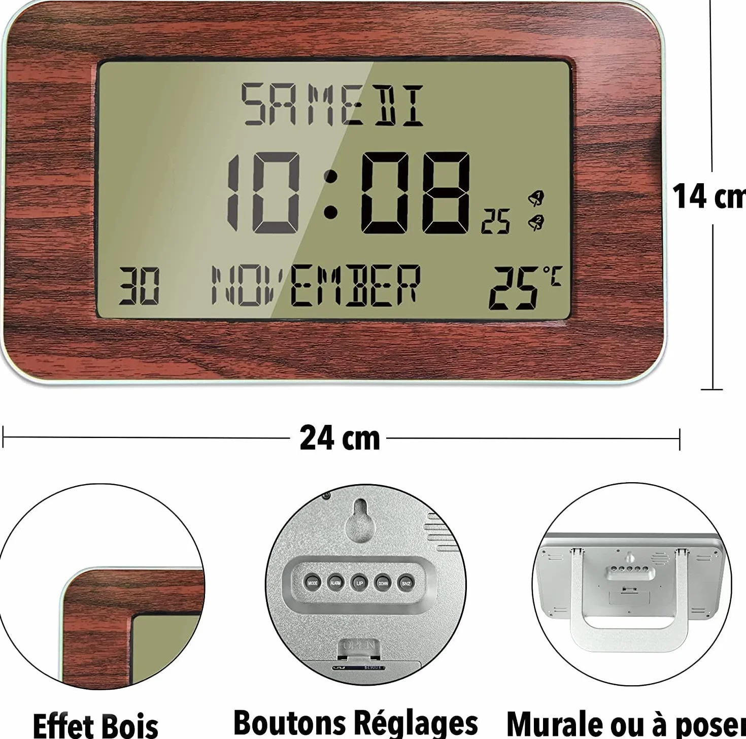 FISHTEC Horloge Réveil Numérique Murale Radiopilotée Grands Chiffres 6 Langues 2 Alarmes Température