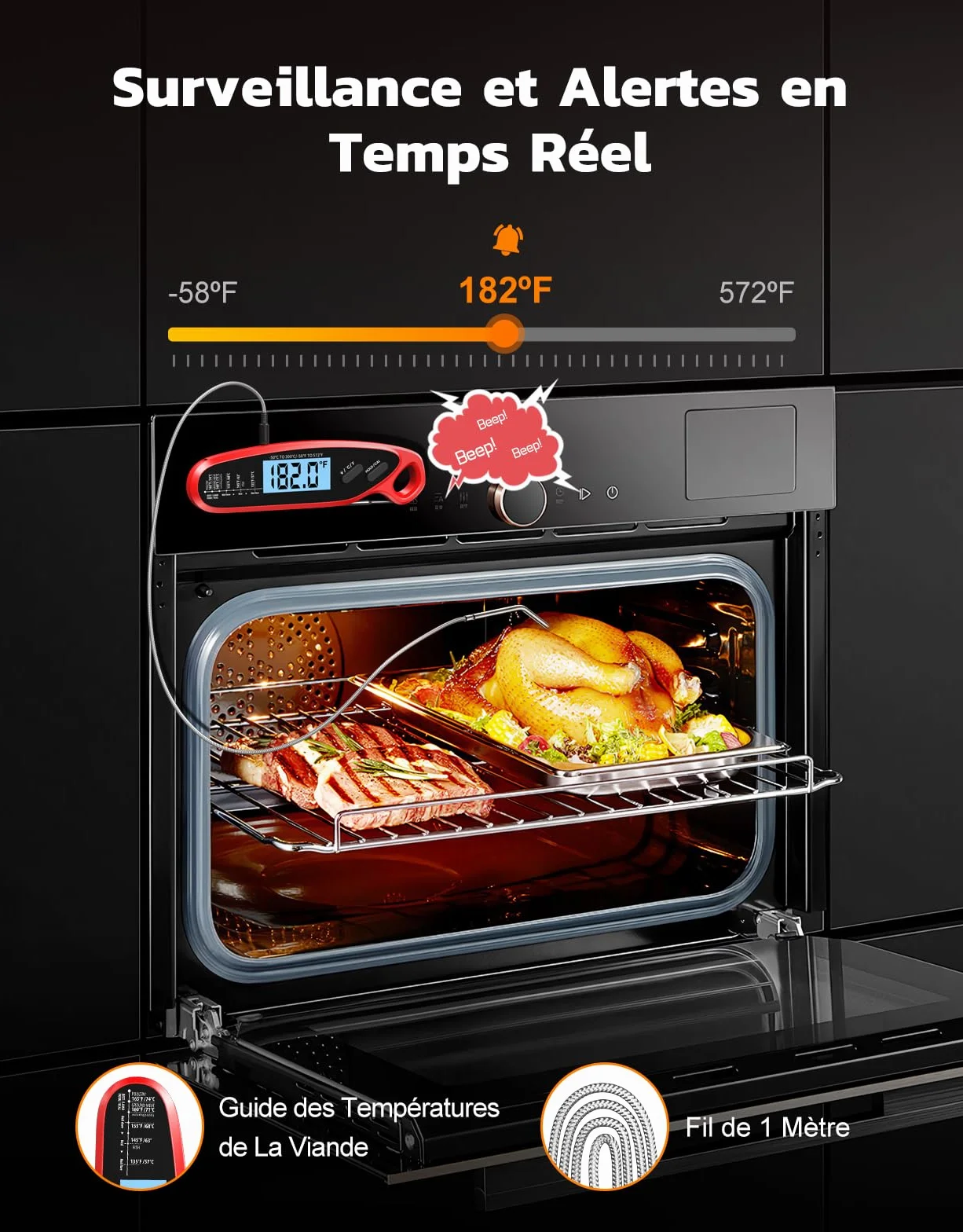 Thermomètre Cuisine Double Sondes Pliables 3s Lecture Instantané Digital Rétroéclairage LCD Calibration Cuisson Ustensile Four BBQ Fumoir