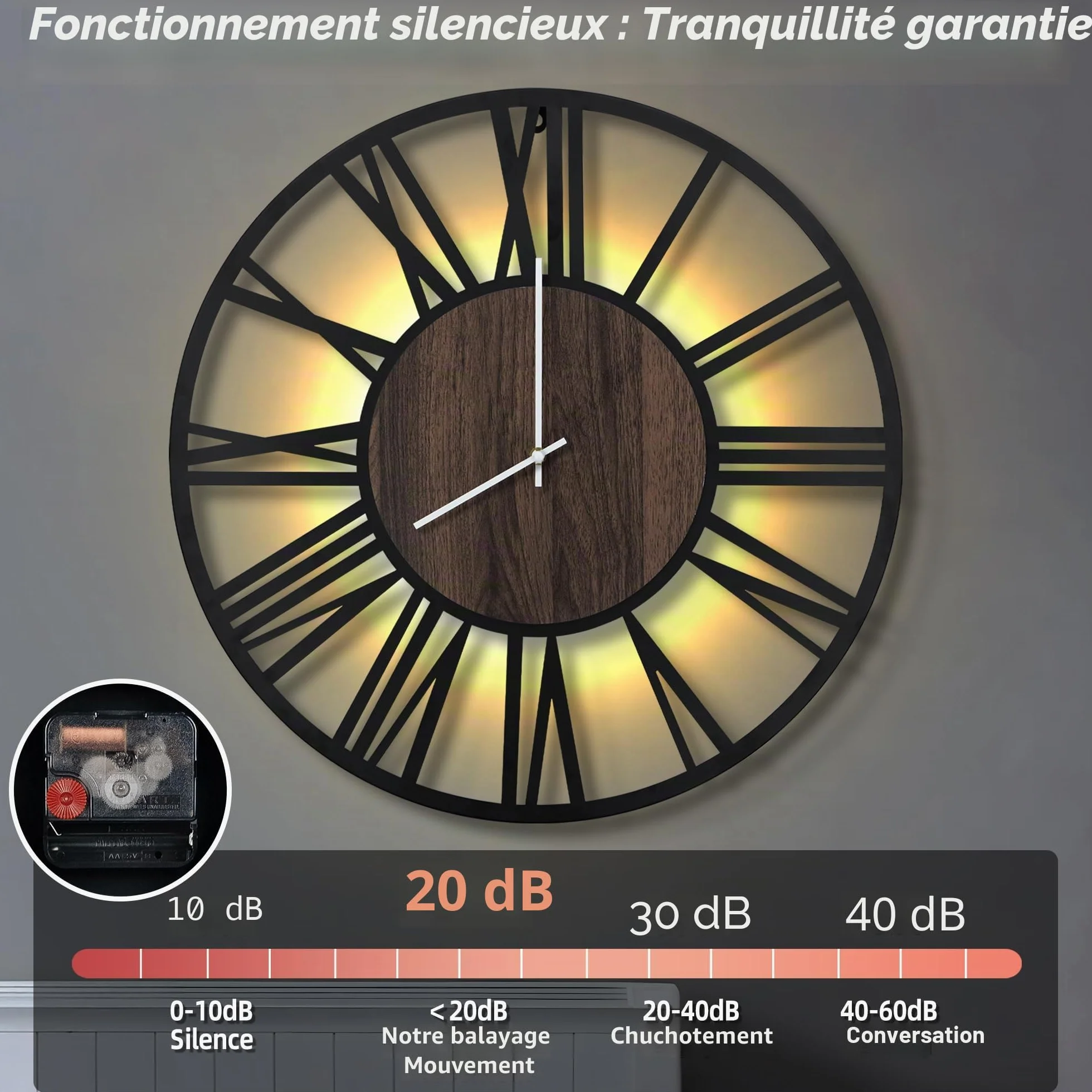 Maxstar Horloge Murale 80cm Silencieuse Style Bois Métal LED Moderne Chiffres Romains Noir
