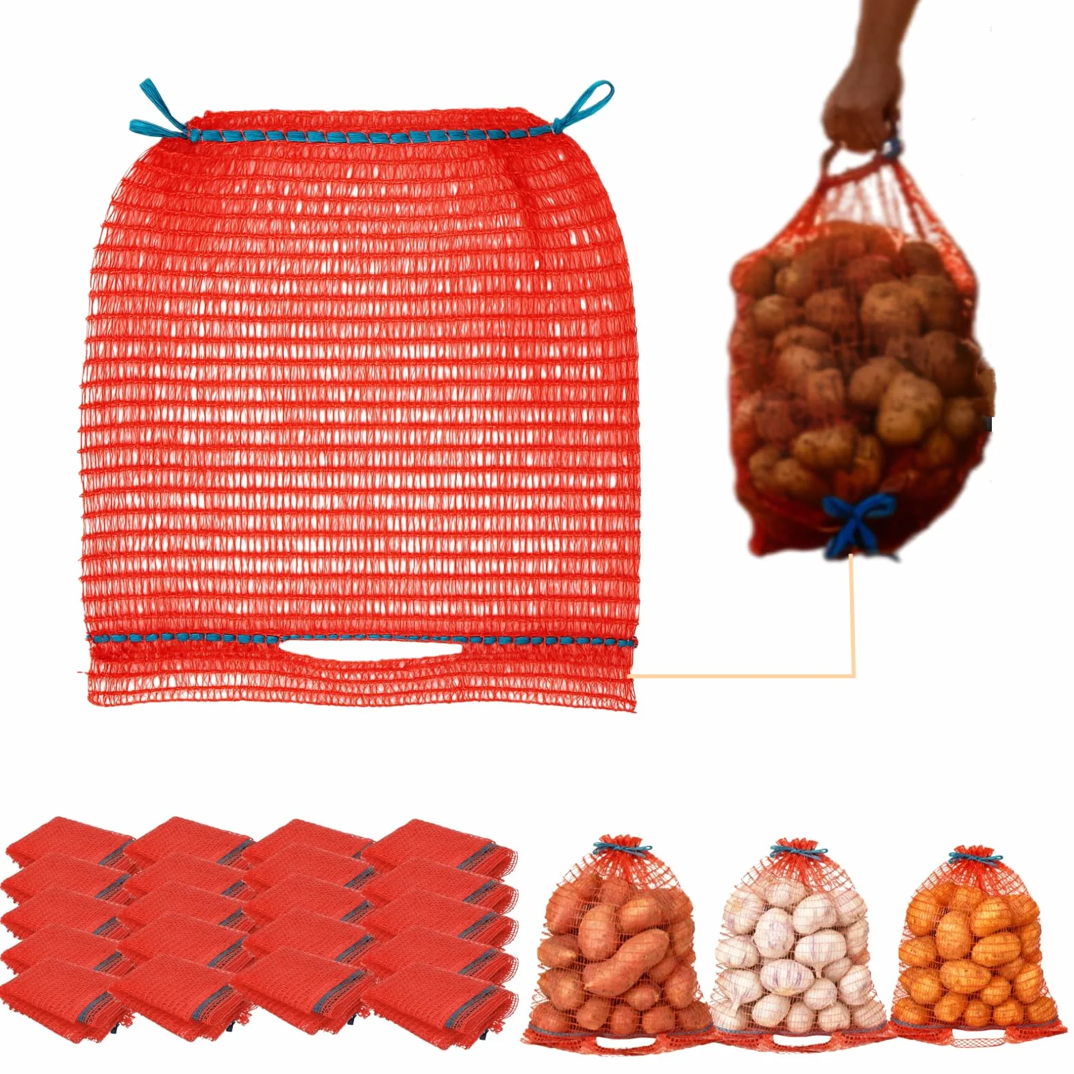 Sacs Raschel 30x50 cm 10 kg avec cordon pour pommes de terre, oignons, légumes, noix et fruits
