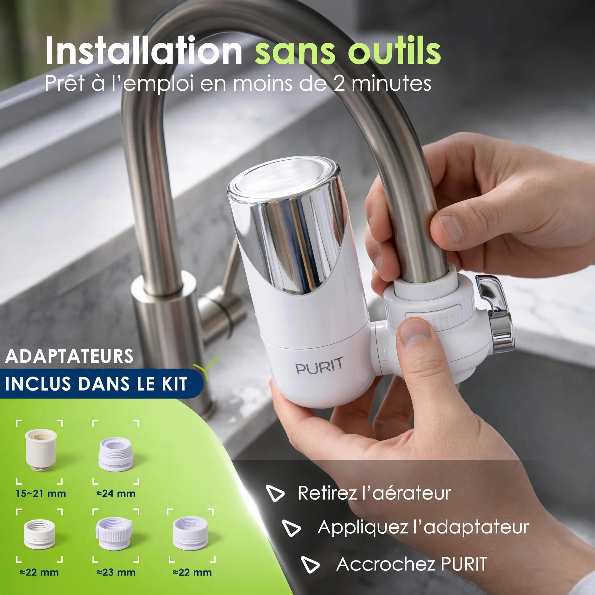 PURIT Filtre à eau robinet cuisine cartouche céramique diatomée charbon actif 1000 L