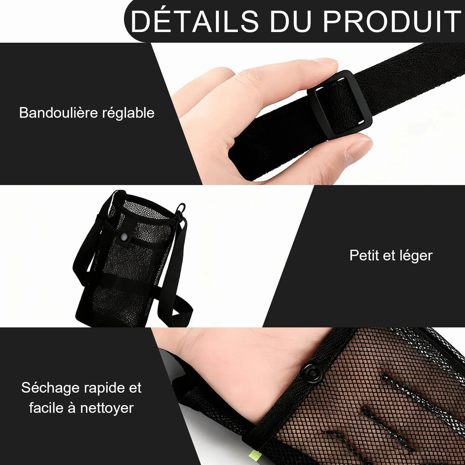 Sac de Bouteille d'eau en Filet, Porte Gourde Randonnée avec Bandoulière Réglable, pour Camping, Alpinisme (Schwarz, Rose)