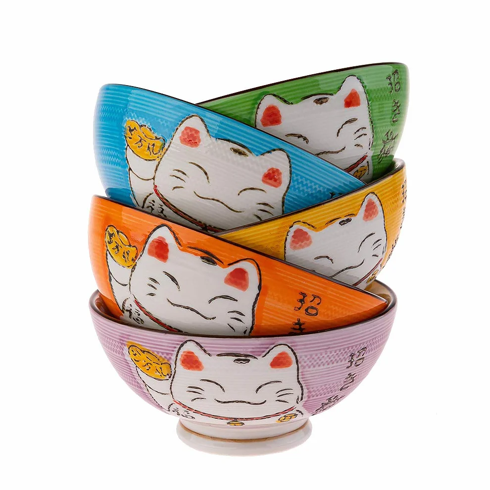 lachineuse Coffret Bols Japonais Design Maneki Neko 5 Bols à Riz Traditionnels Ø 11,5 cm 275 ML