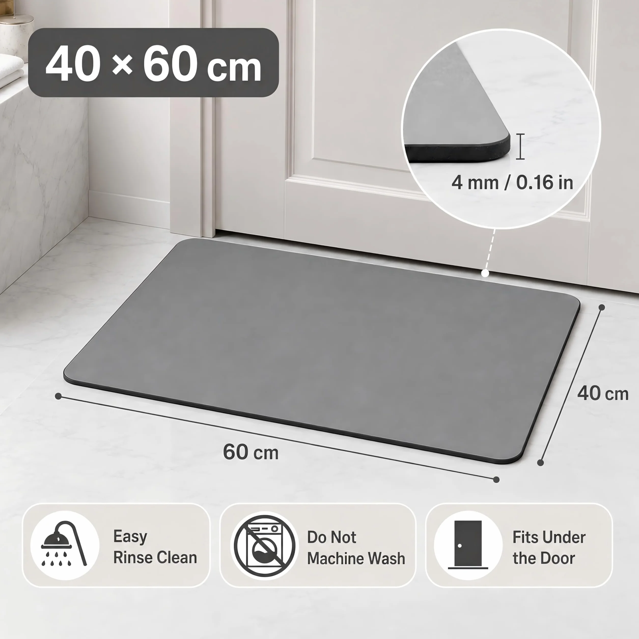 Tapis de Bain Diatomite 40x60cm Antidérapant Séchage Rapide Absorbant Lavable Gris Foncé