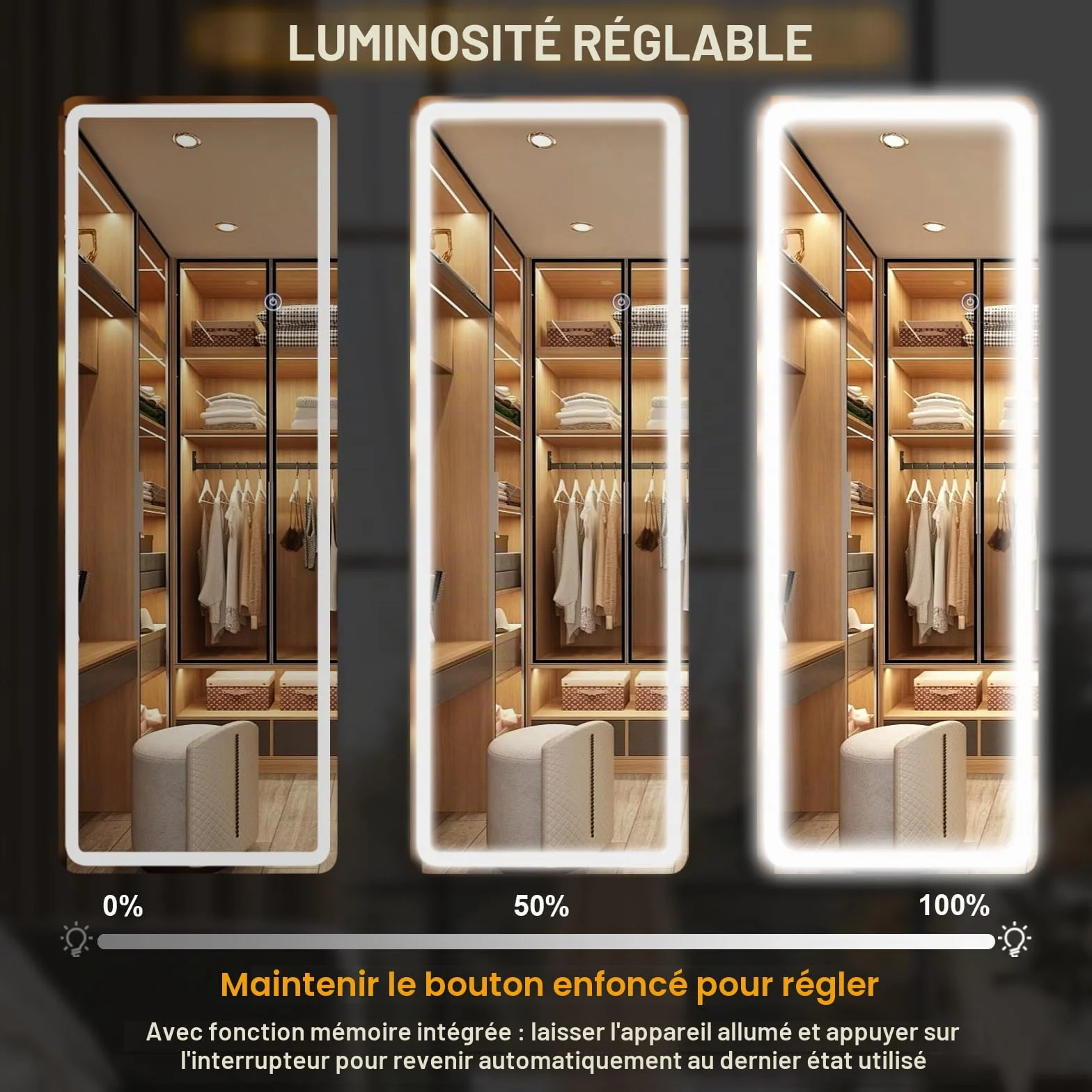 Miroir Pleine Longueur 164 x 60 cm avec éclairage LED, Verre de sécurité, Variateur d'intensité, Miroir sur Pied