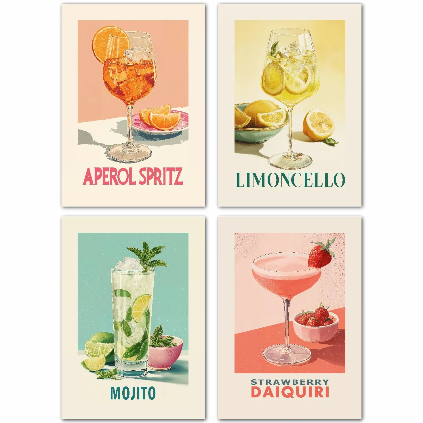 LAVEMA Lot de posters rétro cocktail A4 (21 x 30 cm) Vintage Aperol Spritz Mojito Limoncello Décoration murale cuisine