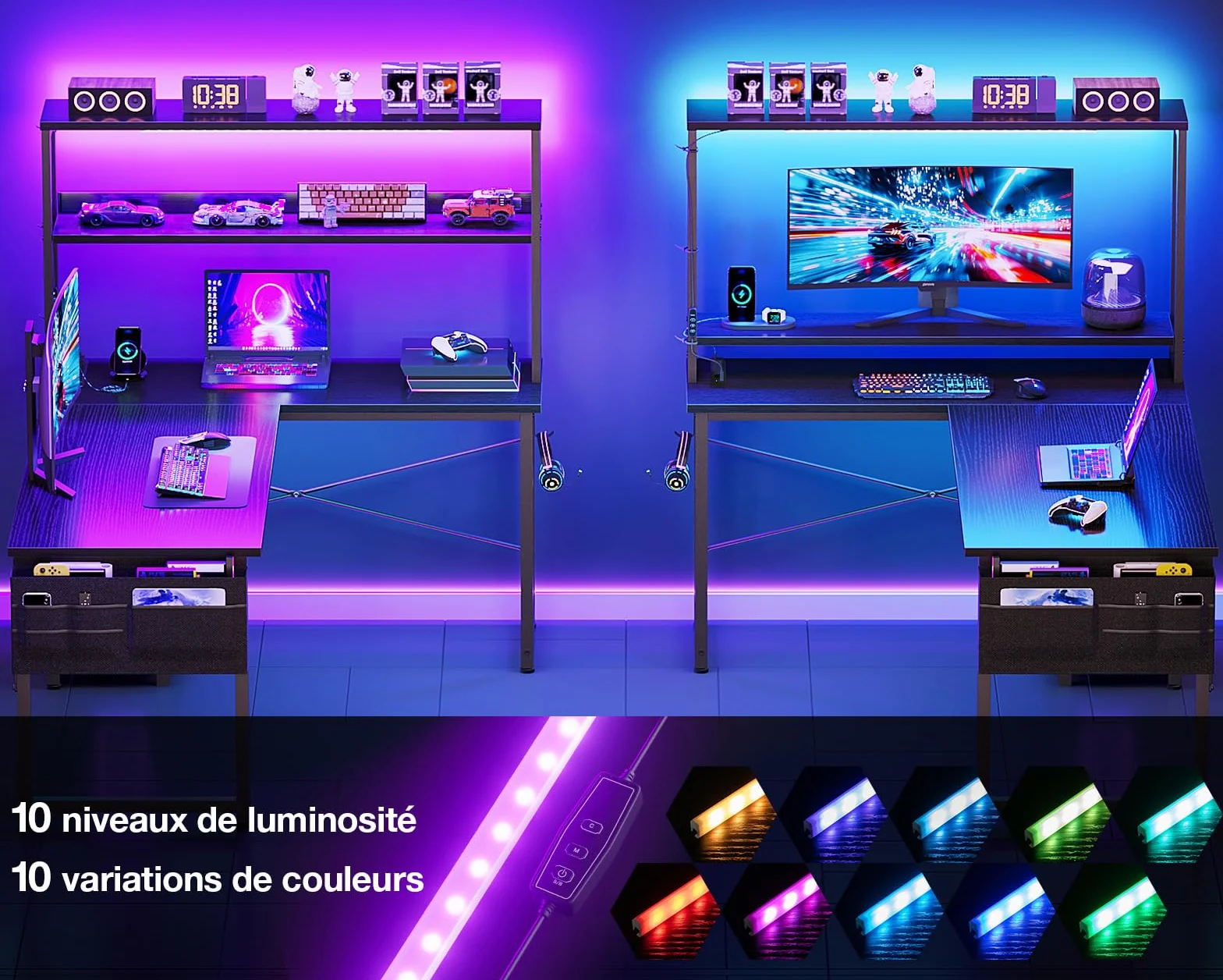 Coleshome Bureau Gaming Angle LED Prises 135x100 cm Réversible Étagères Table en L Sac Rangement Crochet Noir