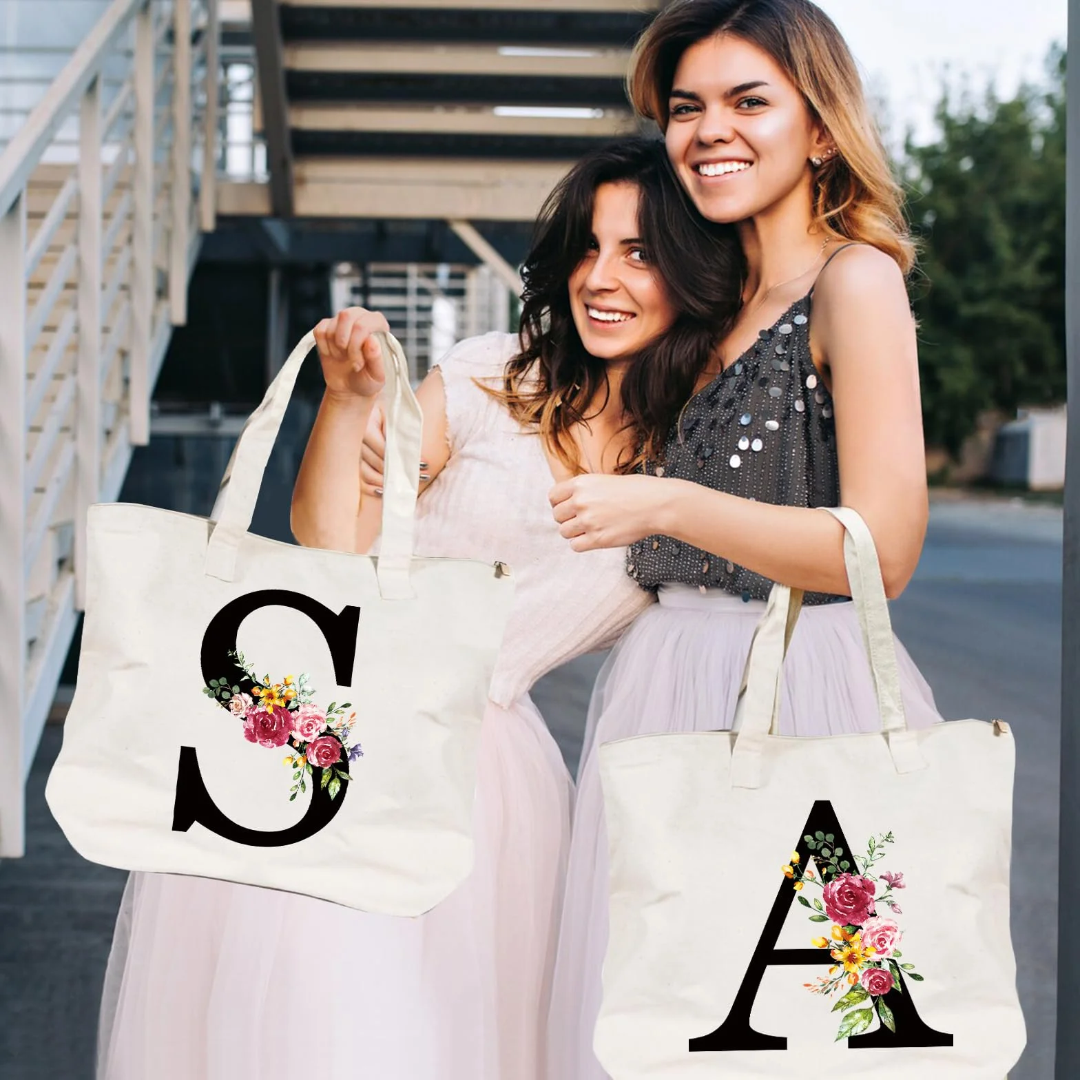 Sac Fourre-Tout en Toile Tote Bag Personnalisé avec Initiale Fleur pour Femme