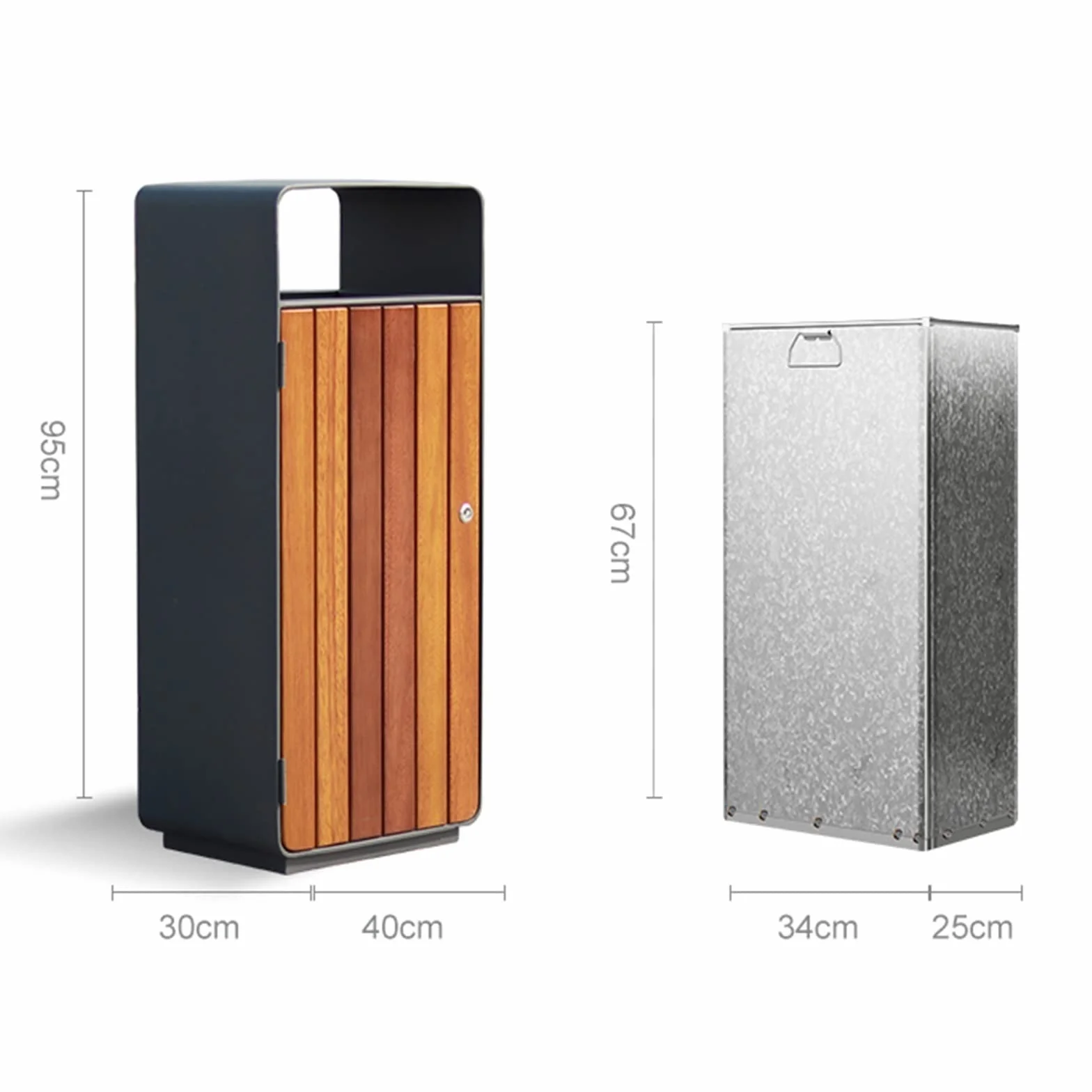 Poubelle extérieur en acier durable avec panneau en bois, baril intérieur en acier galvanisé, grande capacité