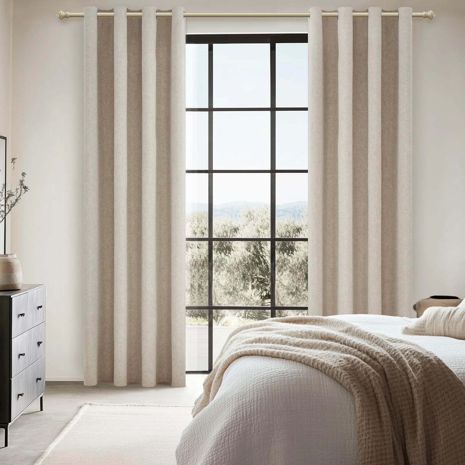 Rideau Occultant Thermique Lin Naturel à Oeillets 100% Bloquer Lumière, Anti Froid Chaleur pour Fenêtre Chambre Salon Lot de 2 140x245 CM