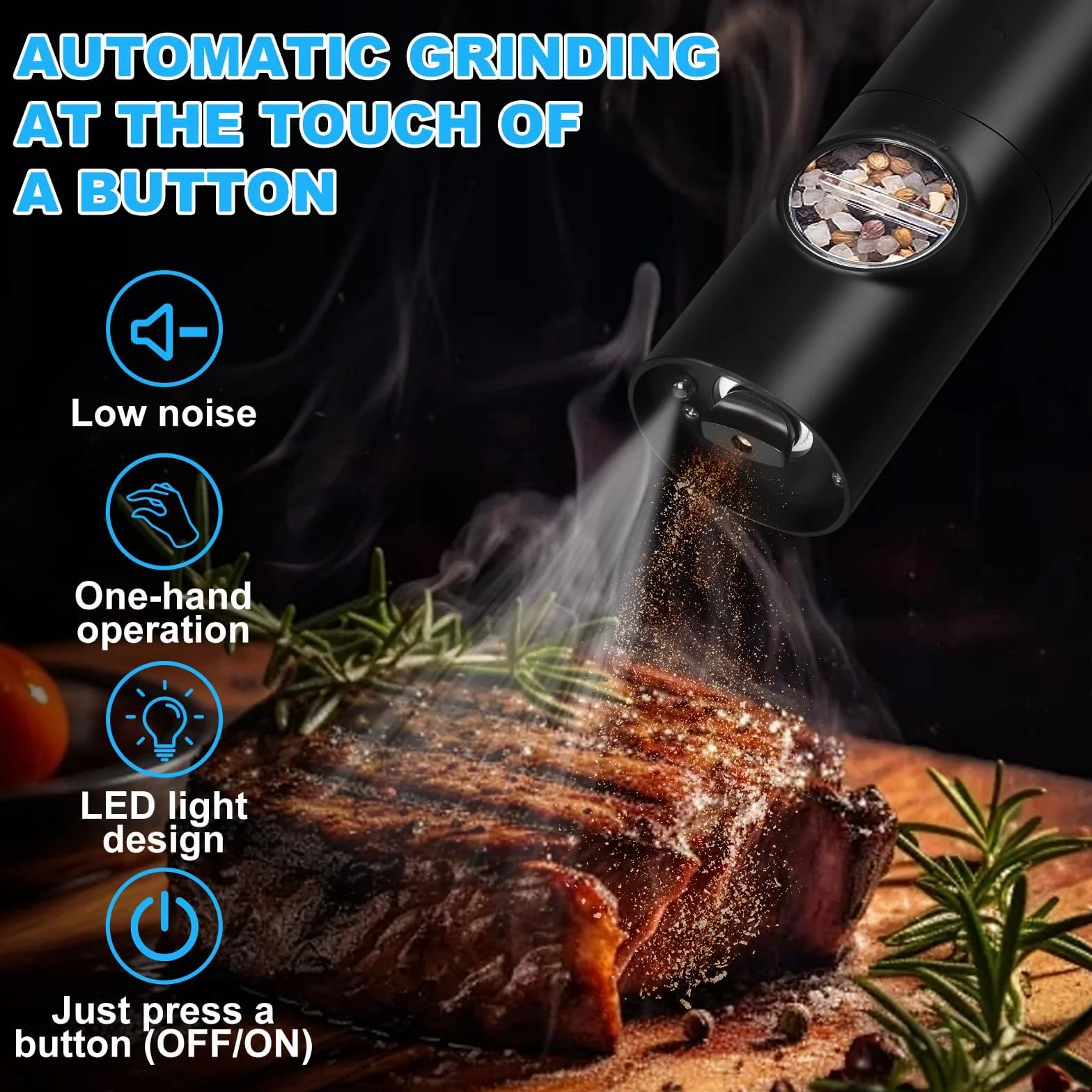 UCAMP Moulin à Sel et Poivre Électrique, Base Rechargeable, Grossièreté Réglable, Lampe LED