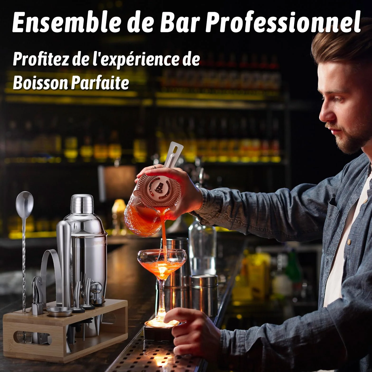 Kit Shaker à Cocktail en Acier Inoxydable GWHOLE avec Support Bois et Recette