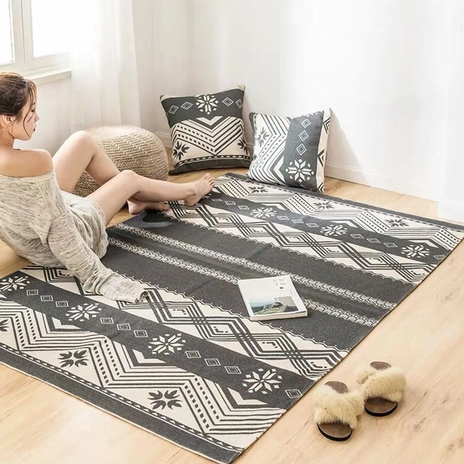 Tapis Rond Coton Lin 85x120 cm Lavable Gris Motif Géométrique Chambre Enfant