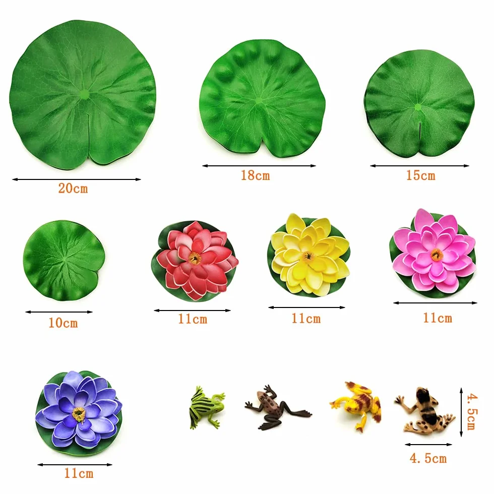 Lot de 24 Nénuphars Artificiels Lotus avec Grenouille, Décoration de Bassin Fleurs Flottantes pour Jardin