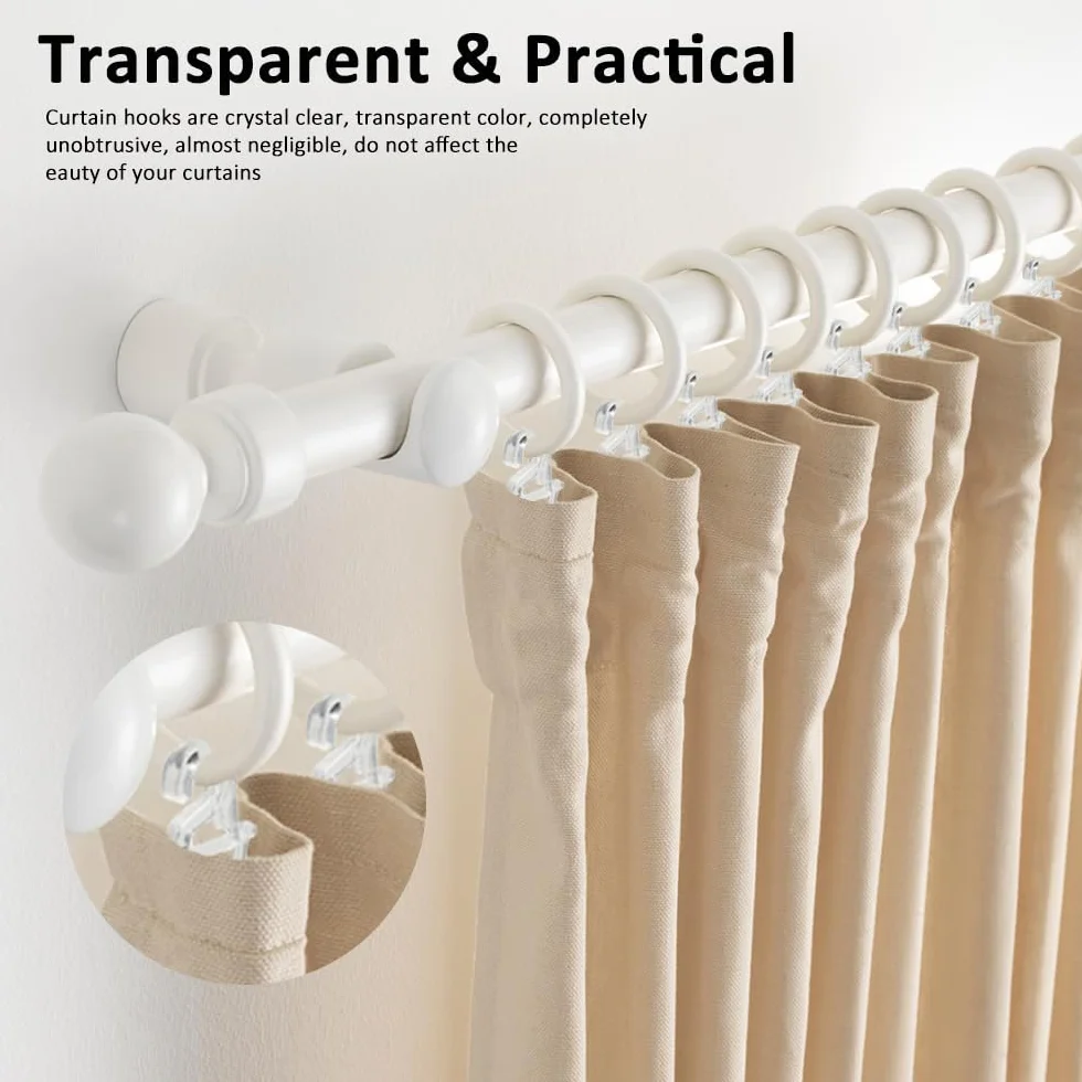 Crochets à Rideaux en Plastique - 100 Pièces Clips de Rideau Roulant Transparent