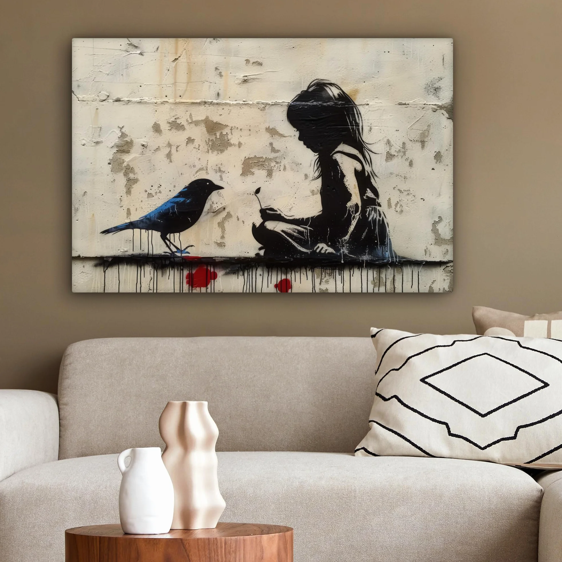 Banksy MuchoWow Tableau Mural 60x40 cm Toile Street Art Fille Oiseau Graffiti