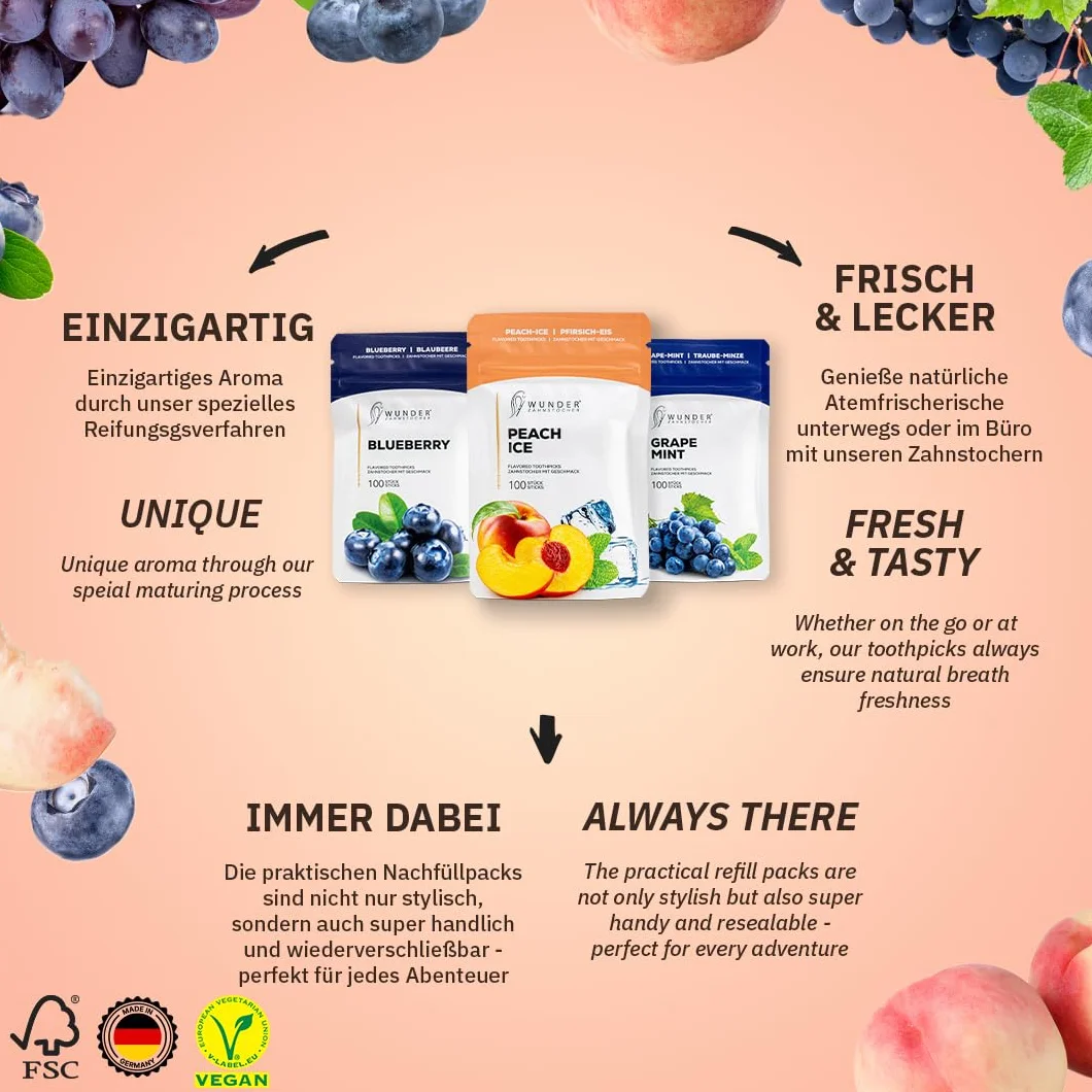 Wunder Cure Cure-dents Aromatisés Bois de Bouleau Fruit Crush Pack 3x100 Recharges Sans Sucre