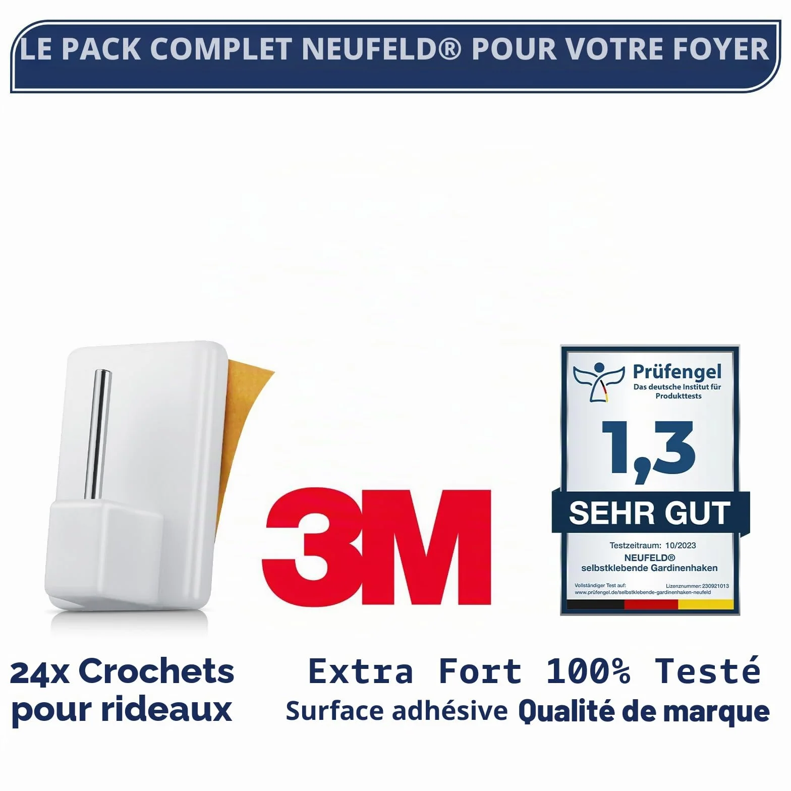Crochets adhésifs Neufeld Lot de 24 Blancs 3 m sans perçage pour Rideaux