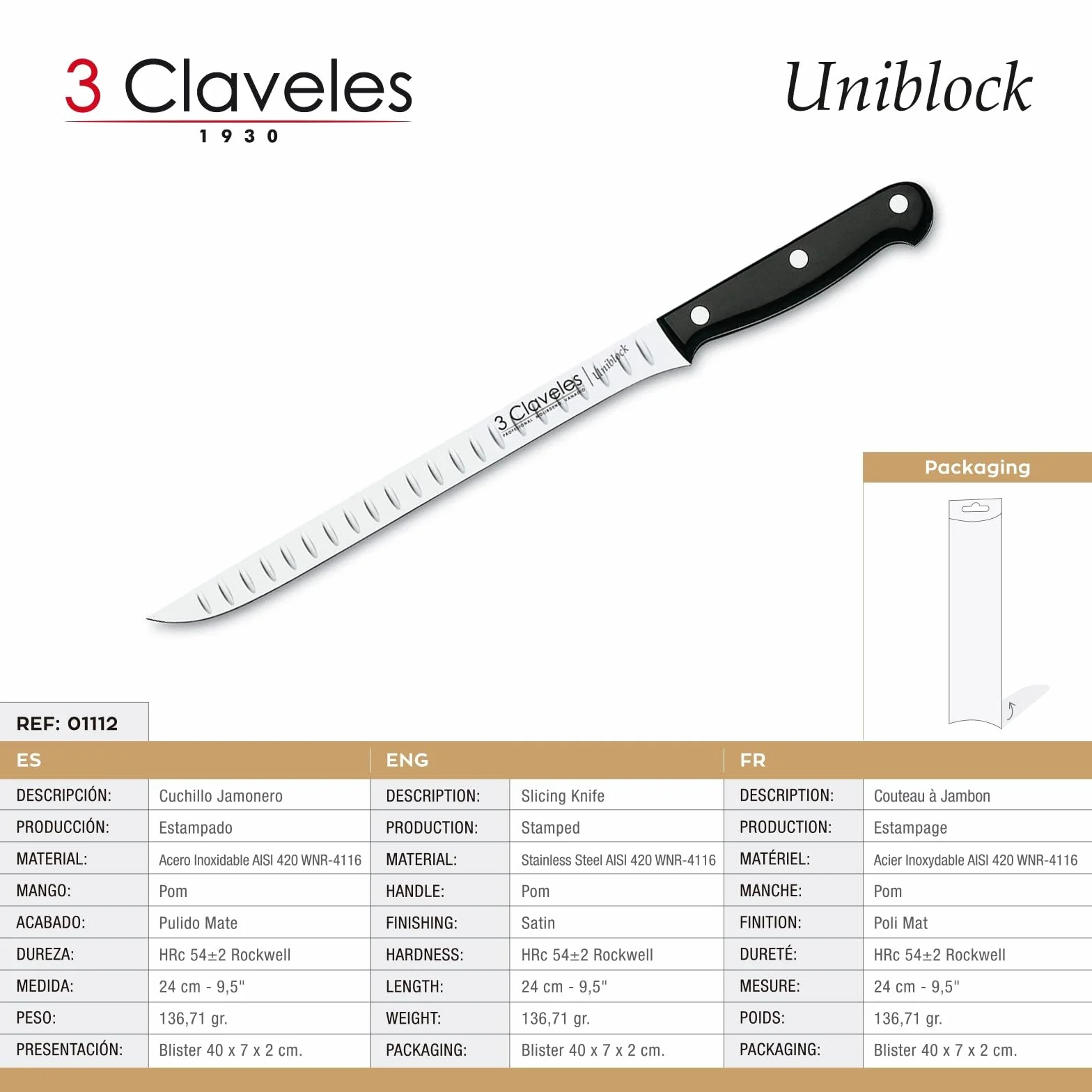 Uniblock Couteau à Jambon alvéolé 24 cm