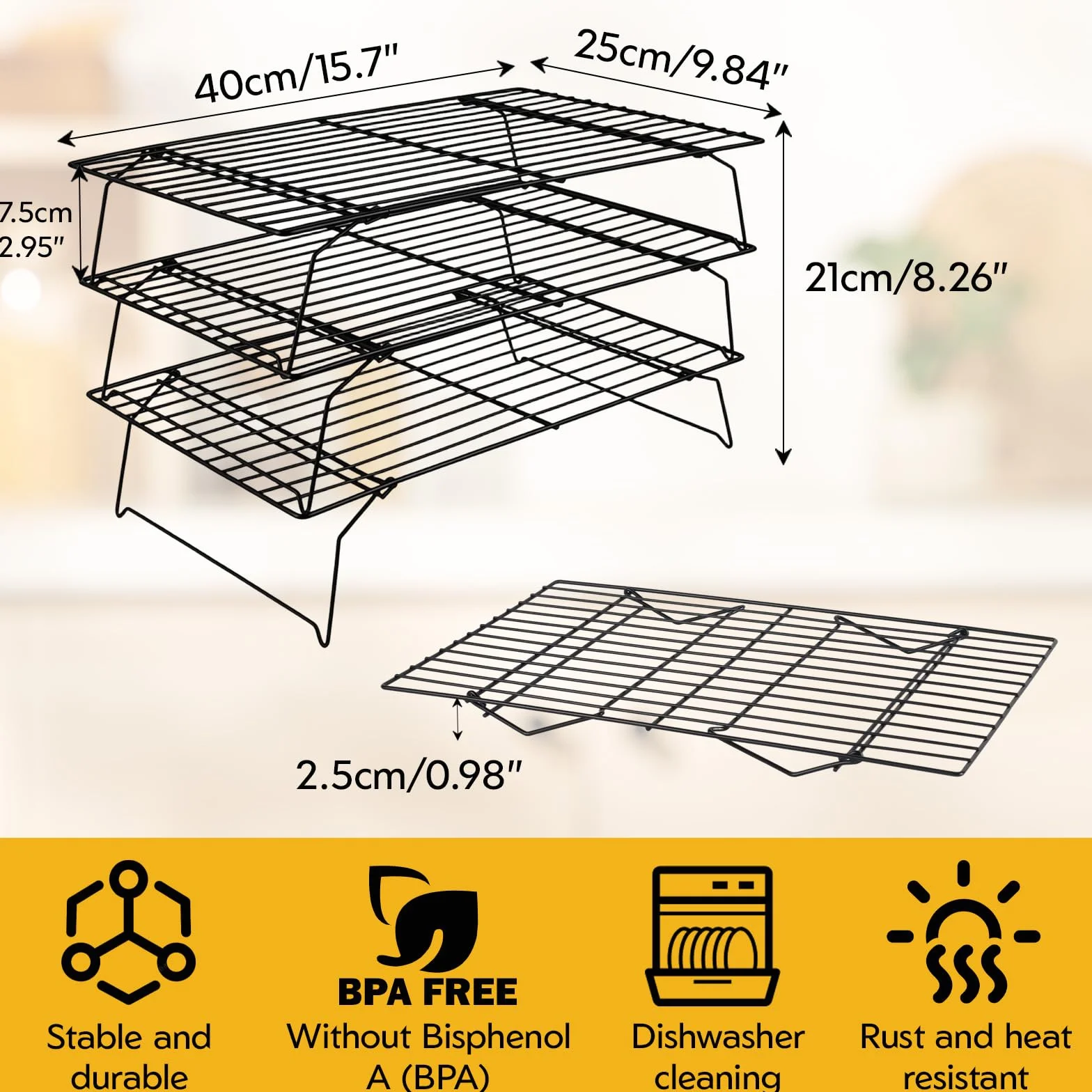 Grille de Refroidissement Pâtisserie 40×25×7,5 cm Acier au Carbone Antiadhésive Pliable Empilable