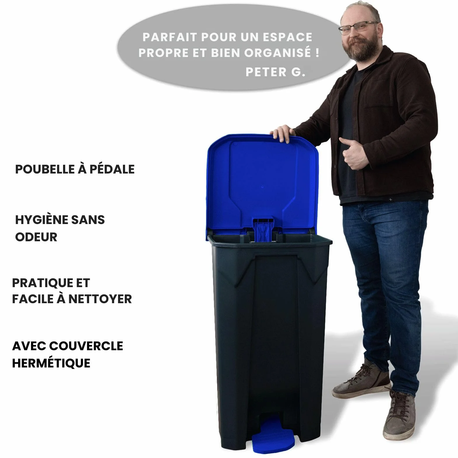 Poubelle 100L Olaf Floordirekt avec couvercle bleu et pédale système de tri sélectif
