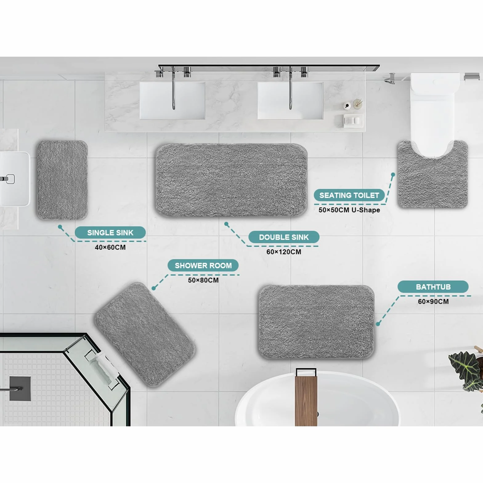 Tapis de bain en microfibre 40 x 60 cm gris super absorbant 2 cm