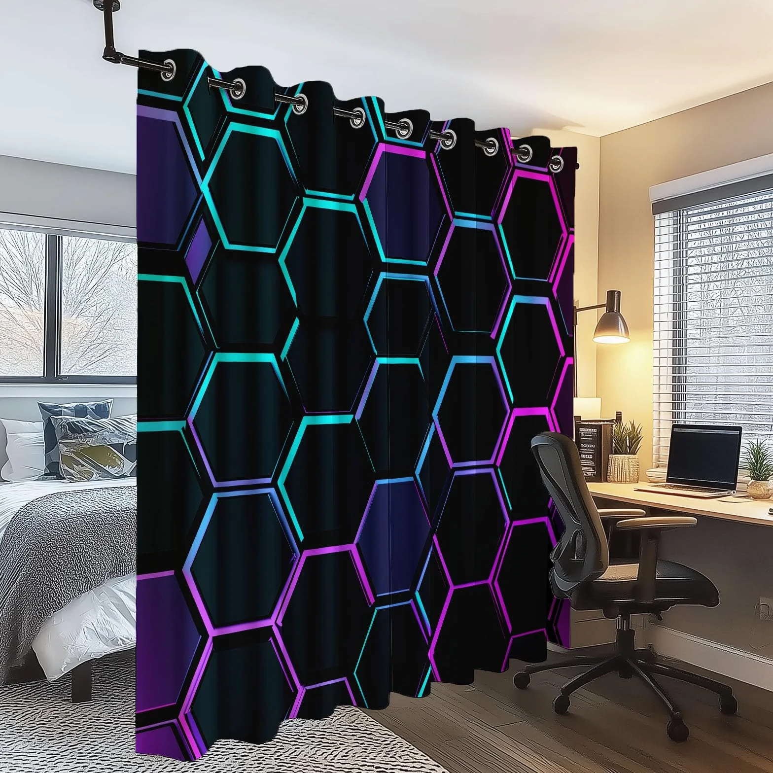 Rideaux Opaques Isolation Thermique 110x215 cm 2 Panneaux Hexagone Géométrique Moderne Noir Violet