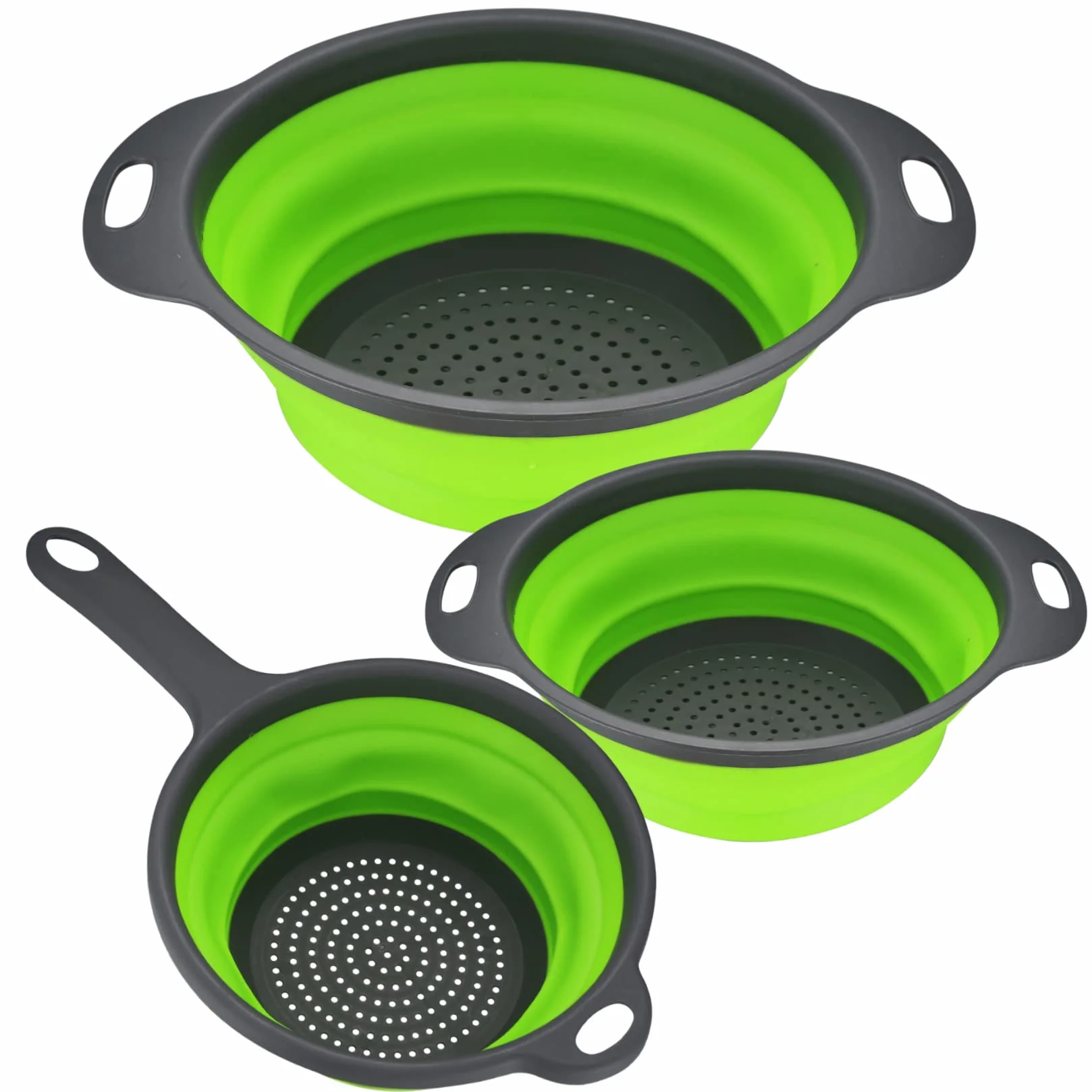Passoire Pliable Silicone 3 Pièces avec Poignées pour Pâtes Légumes Fruits Vert