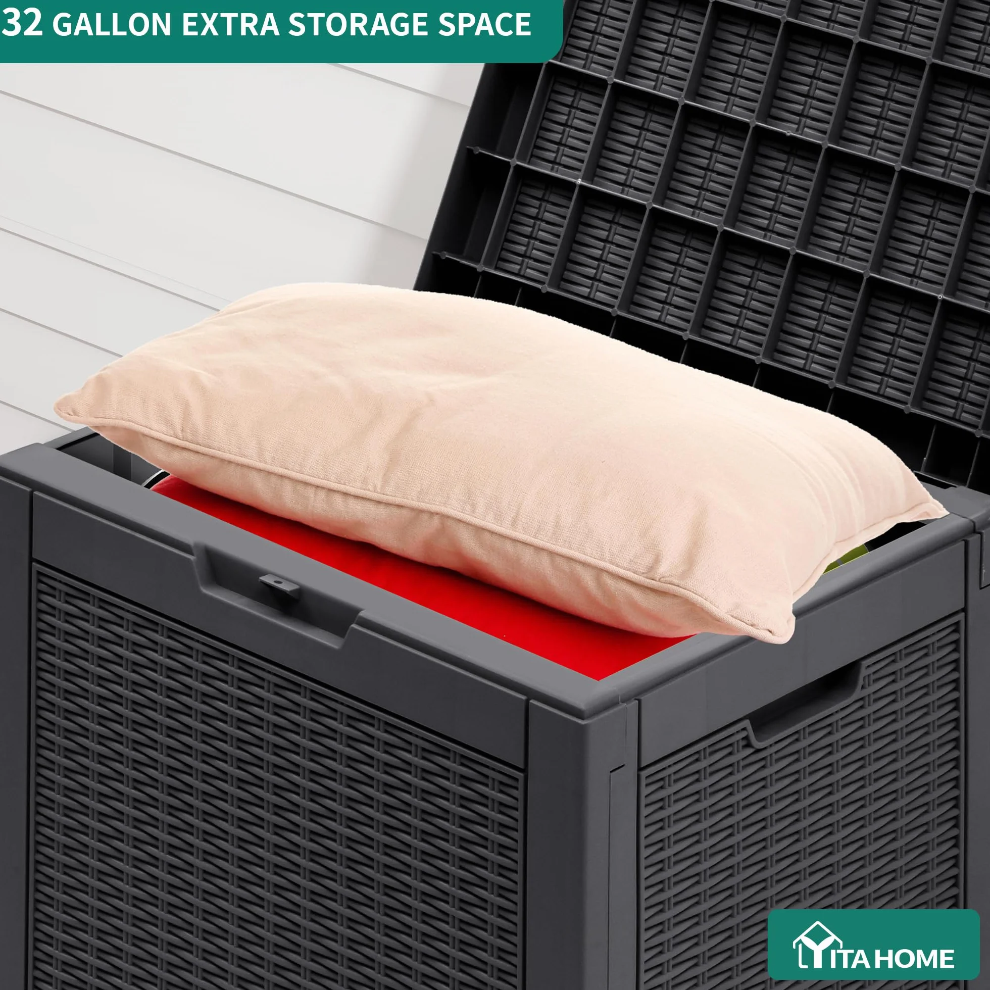 YITAHOME Boîte de rangement extérieur rotin 118 L imperméable avec couvercle poignées verrouillables jardin coussins