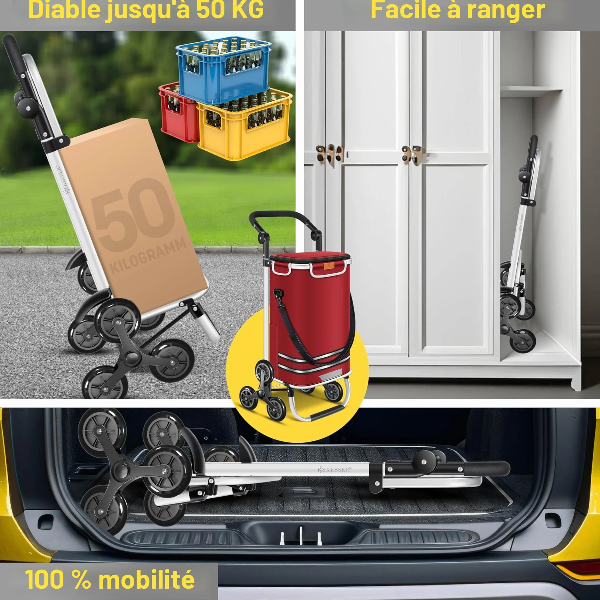 KESSER Chariot à provisions 56 L 50 kg pliable 3 en 1 avec compartiment réfrigérant Bordeaux