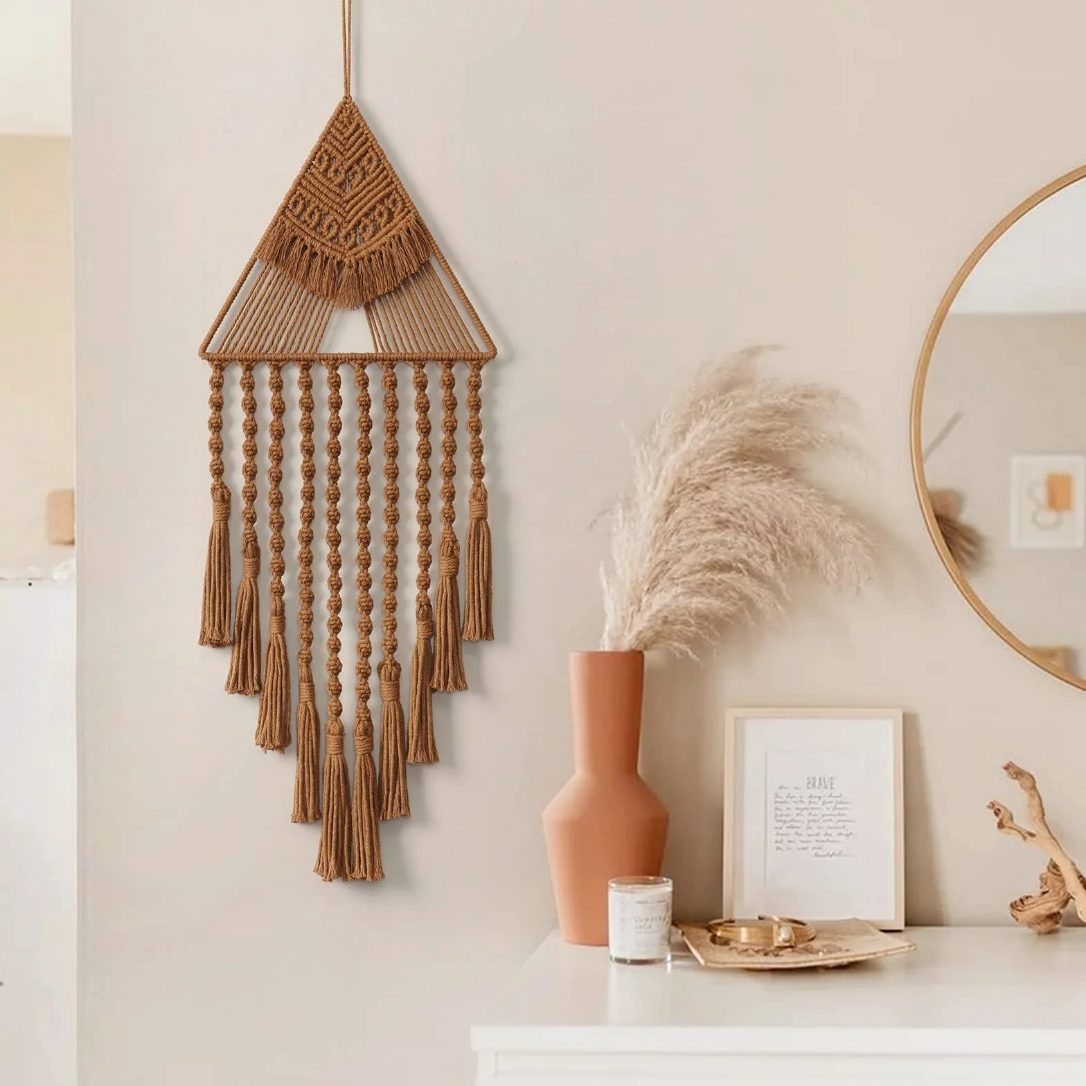 Boho Macramé Tenture Murale Géométrique Art Mural Tissé Attrape-rêves Tapisserie Murale Coton Fait à la Main Marron