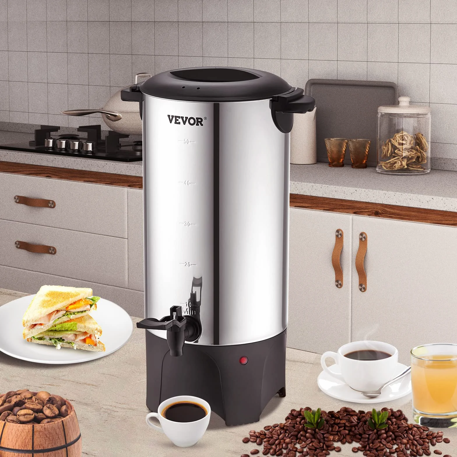 VEVOR Percolateur à Café 7,4 L 50 Tasses Acier Inoxydable Filtre Permanent Chauffe Eau