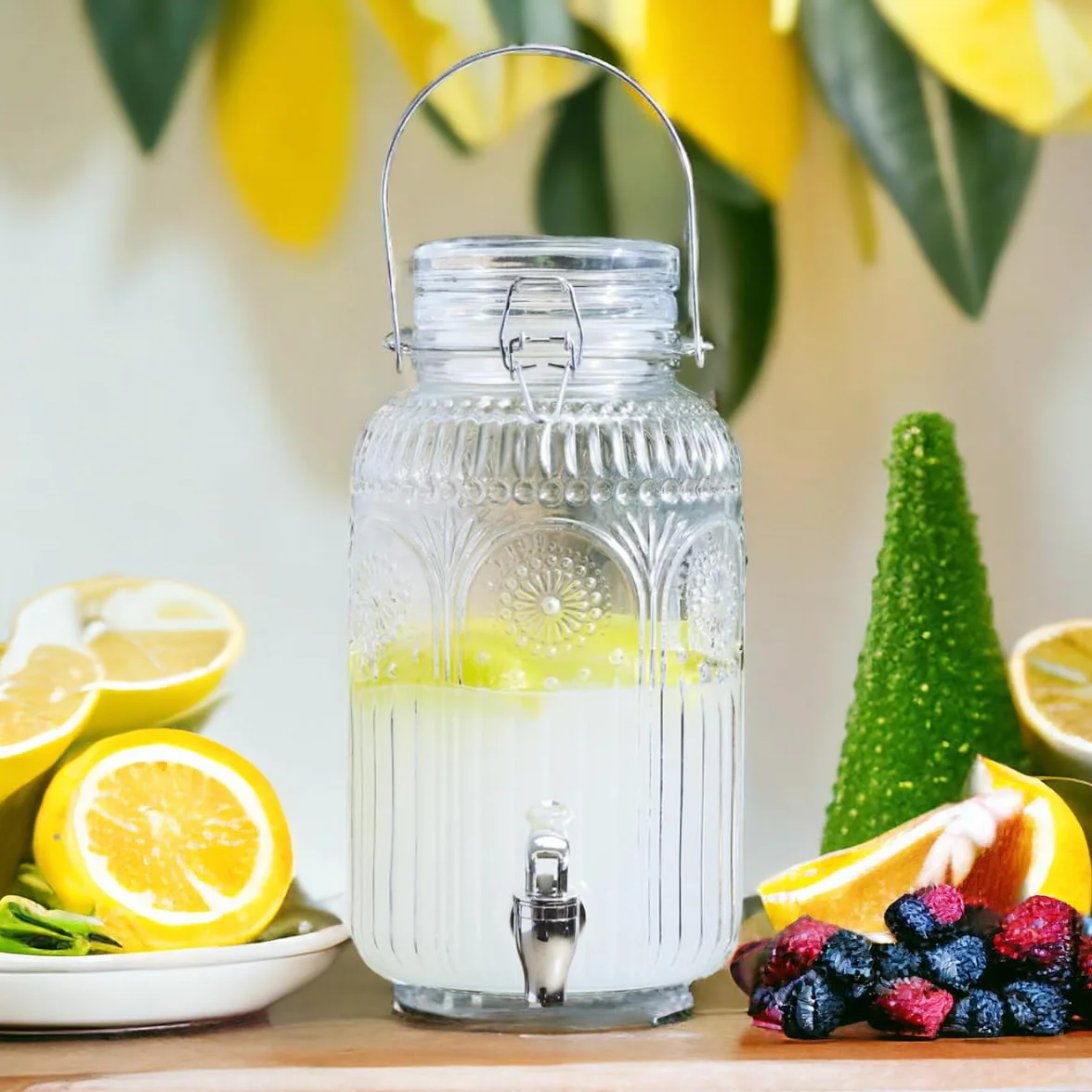 Distributeur Boisson avec Robinet 4 L - Fontaine à Eau et Cocktail en Verre - Jarre pour Fêtes et Anniversaires
