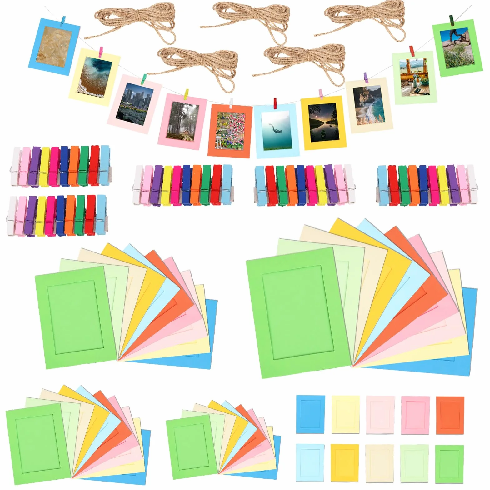 Swpeet Lot de 105 Cadres Photo en Papier Coloré à Suspendre, 7,6-17,8 cm, 50 Clips, 5 Cordes