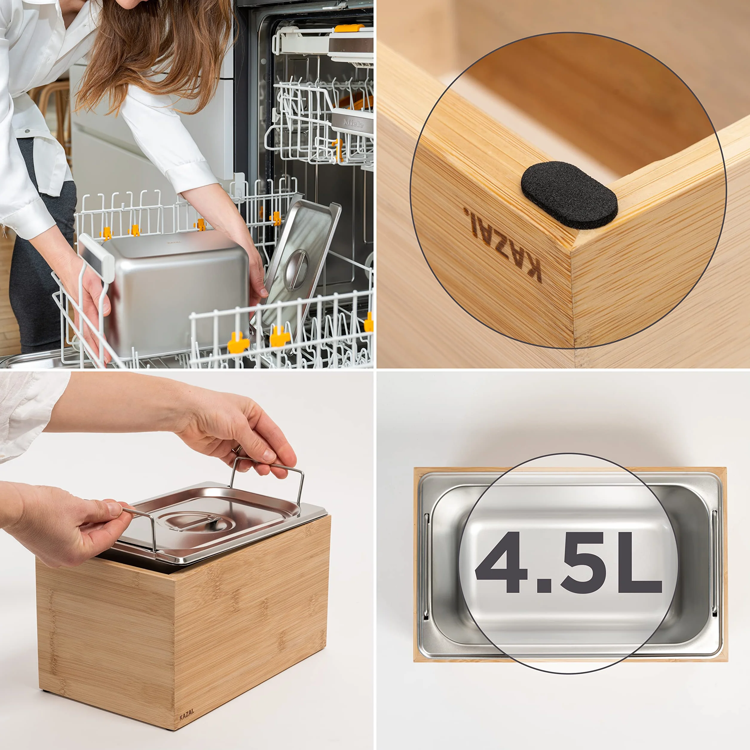 Poubelle Organique 4.5L Composteur de Cuisine Bambou Passe au Lave-Vaisselle KAZAI